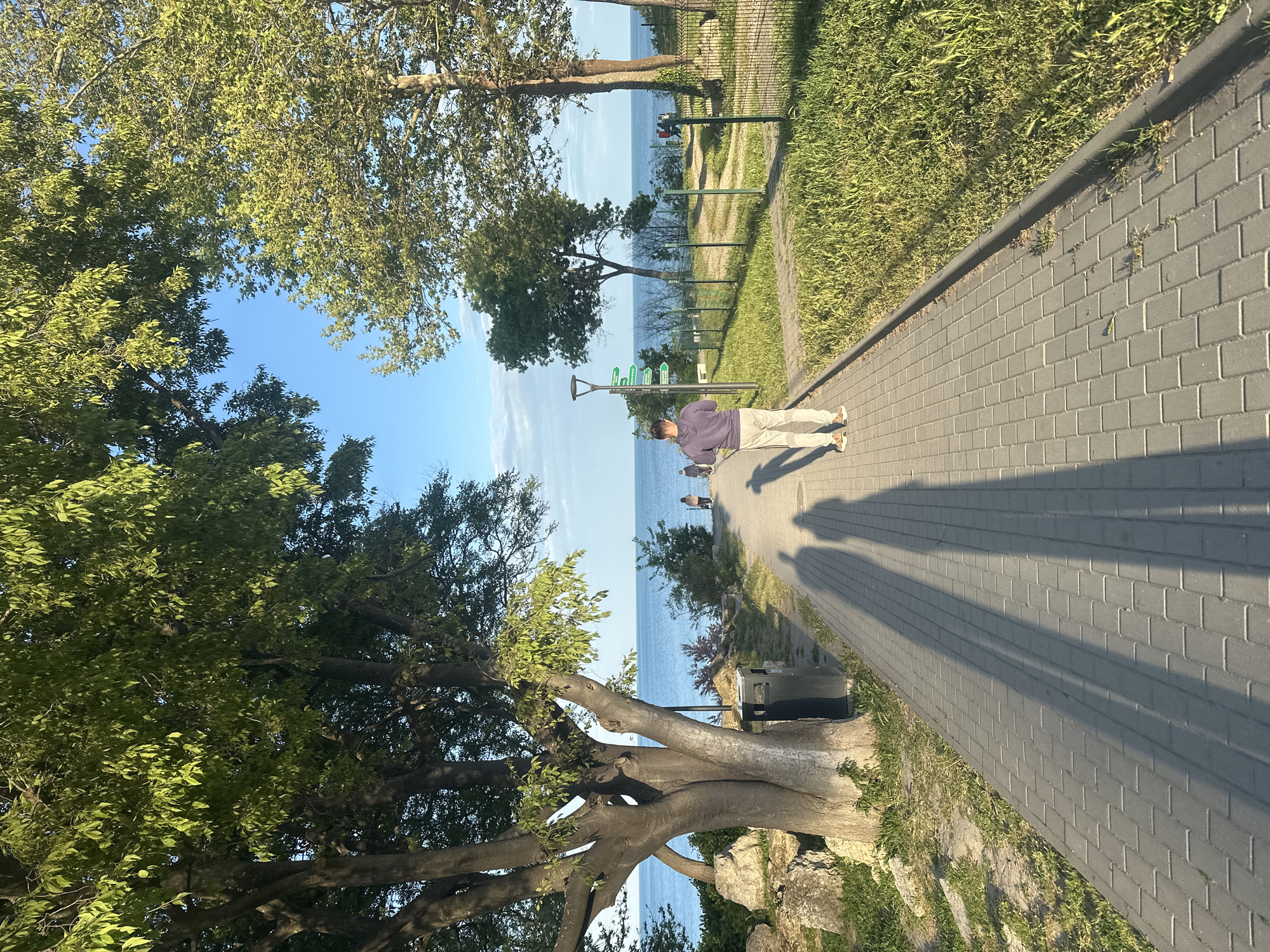 A man stands on a brick paved path in Varna, Bulgaria. He is wearing a purple hooded sweatshirt and tan pants, with his back to the viewer, looking towards the sea. The path is lined with green grass on the right and trees on the left. The sea is visible beyond the path and trees, and a fence is visible in the distance. Several other people are walking along the path toward the sea. The image appears to be taken during the day, with a clear blue sky visible through the trees. The lighting suggests it is late afternoon or early morning. A long shadow from the person extends down the path. A trash can is present on the side. There are signs on a lamp post.
