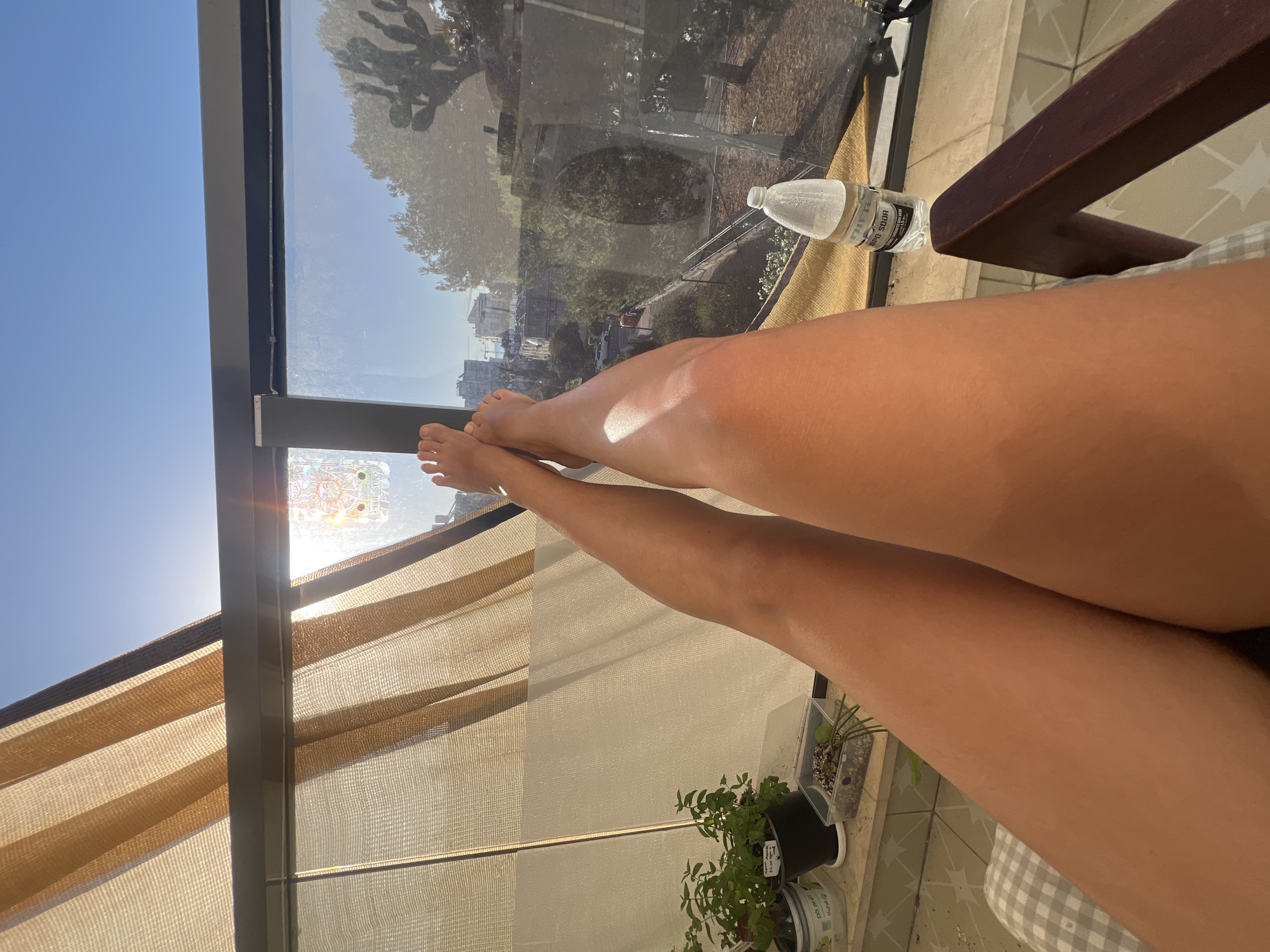 This image presents a first-person view of someone relaxing in a sunny enclosed balcony or sunroom in Kiryat Bialik, Israel. The primary subjects are the person's bare legs and feet, extended and resting comfortably, likely on a chair or lounge, with parts of the skin highlighted by bright sunlight.
Through large glass windows, a clear blue sky is visible on the upper left. The windows reflect the outdoor environment, showing trees, distant buildings, and possibly a street below. A large, distinct cactus plant is prominently reflected in the glass. The bright sunlight creates strong glare and reflections on the window panes. Light-colored, meshed roller blinds or shade screens are partially drawn across the lower section of the windows, providing some shade.
Several objects are scattered around: a clear plastic water bottle labeled "M.Y. SODA" and "200ML" (with additional unreadable Hebrew text) rests on a surface to the right. A dark brown wooden armrest of a chair is partially visible in the upper right. On the tiled floor below the window, several small potted plants are present, including a green leafy herb and other succulents in various containers. One plant pot has an unreadable label. A colorful, mandala-like suncatcher or decal is affixed to one of the window panes, catching the light.
The scene conveys a relaxed atmosphere during a bright, clear daytime, suggesting warm and sunny weather.