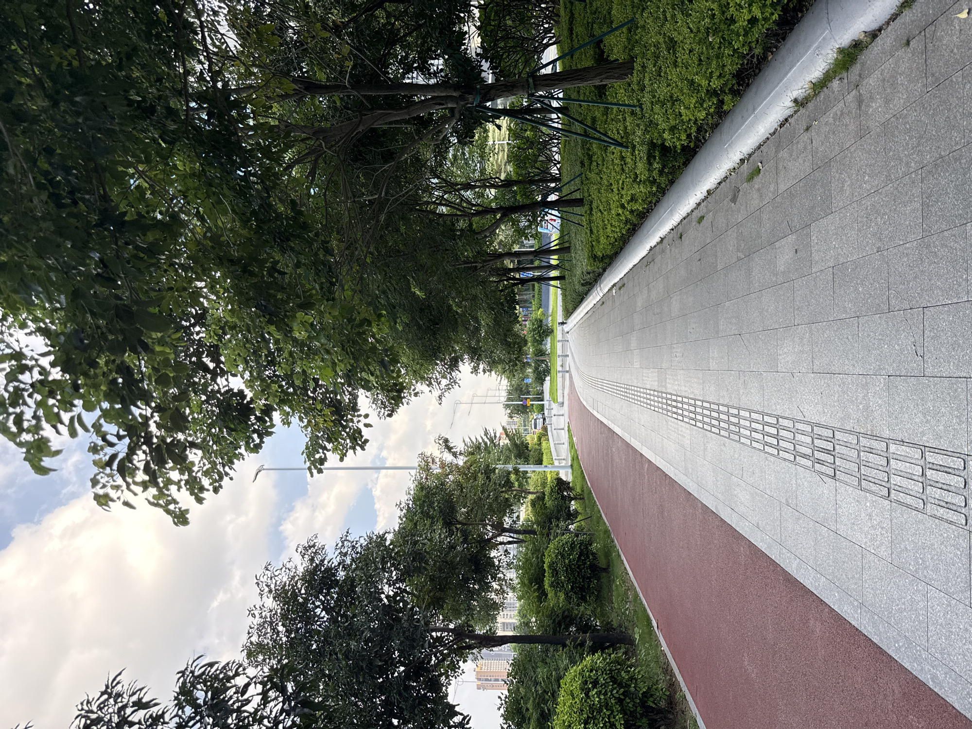The image depicts a pedestrian walkway with a red running track to its left. The walkway is paved with grey granite tiles, featuring tactile paving for the visually impaired. A row of manicured green bushes lines the right side of the walkway, separating it from a street with trees. The trees, with lush green foliage, are planted along the green space. In the background, several modern buildings are visible. The sky is partially cloudy, with patches of blue. This scene is located in the Haizhu District of China. No people are visible in the image.
