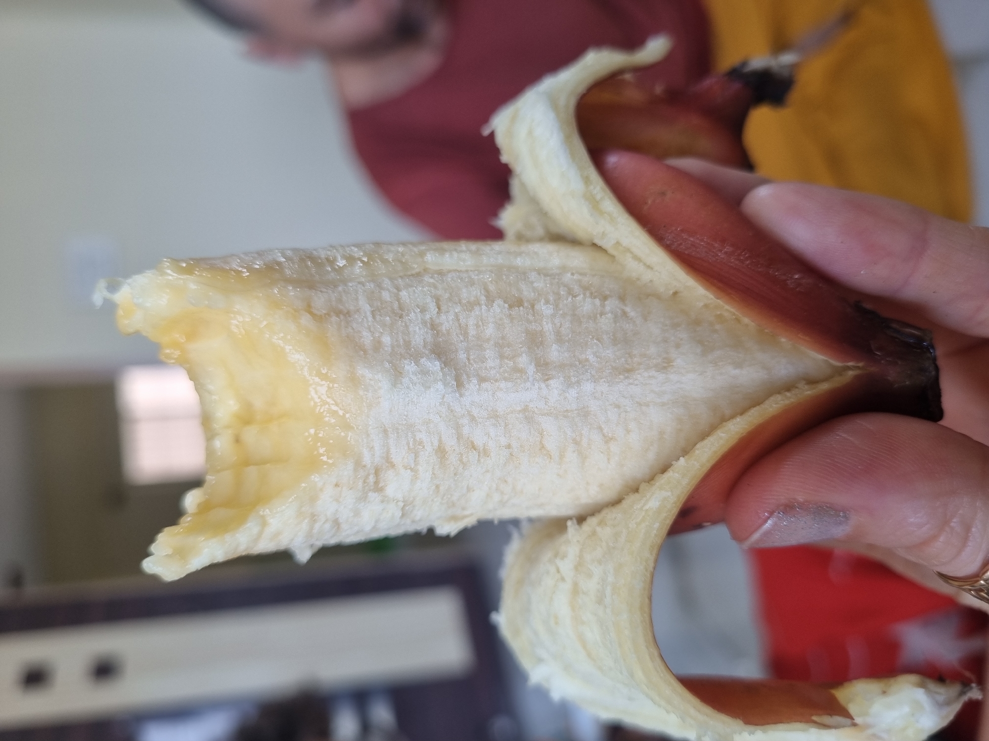 A partially peeled red banana is held in someone's hand. The banana peel is a reddish-brown color. The fruit inside is yellow and creamy. A person is partially visible in the background, wearing a maroon shirt. The background includes a room with a cabinet. The image appears to have been taken indoors. The location is unknown.