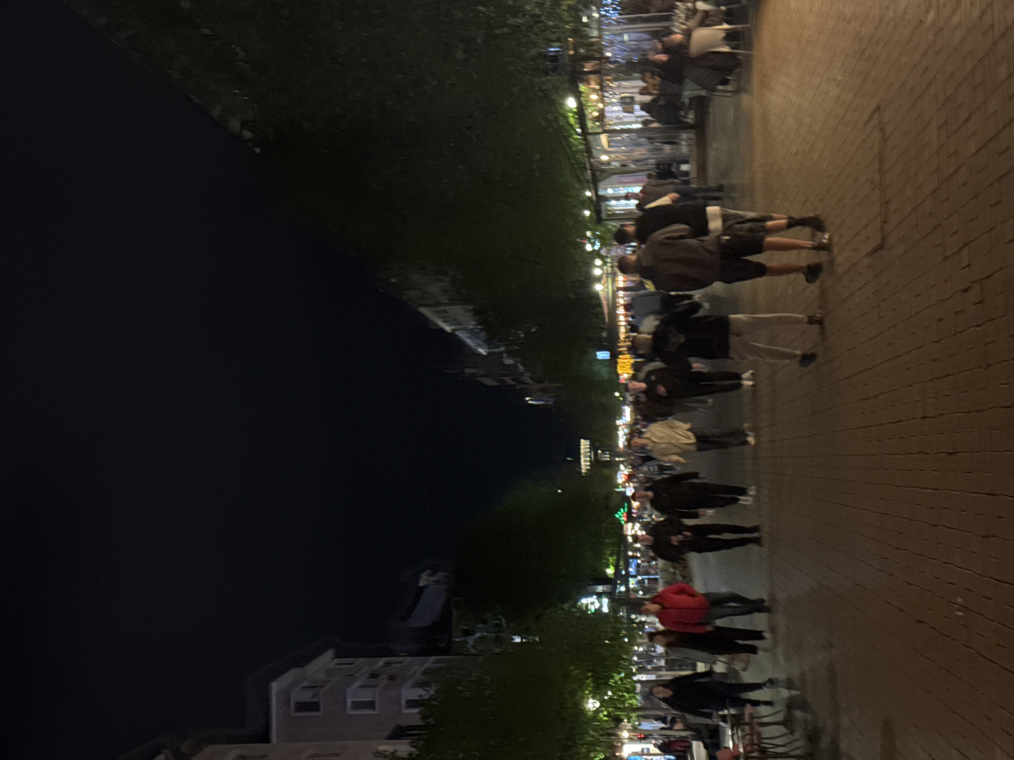 The image depicts a lively nighttime scene along a waterfront promenade, likely a river or canal in Sofia, Bulgaria. The left side of the frame features the dark, calm water of the waterway, with faint reflections of distant lights. Along its right bank, a wide, paved walkway, seemingly made of brick or cobblestone, stretches into the distance.
Numerous individuals are present on this pedestrian path, engaged in various activities. Many appear to be casually strolling, while others are standing or socializing. They are dressed in everyday attire, with some wearing jackets, suggesting a cool evening. Their faces are generally indistinct due to the low light and distance.
On the right side of the walkway, behind the pedestrians, are illuminated commercial establishments such as cafes or restaurants. Decorative string lights and various outdoor luminaires cast a warm glow across the scene, creating a vibrant atmosphere. Green foliage and trees line the edge between the waterway and the walkway, as well as in front of some of the buildings. In the far background, across the water, subtle outlines of other structures or buildings can be discerned. The overall impression is one of a bustling urban evening, with people enjoying the lively ambiance of the waterfront. No visible text is discernible in the image.