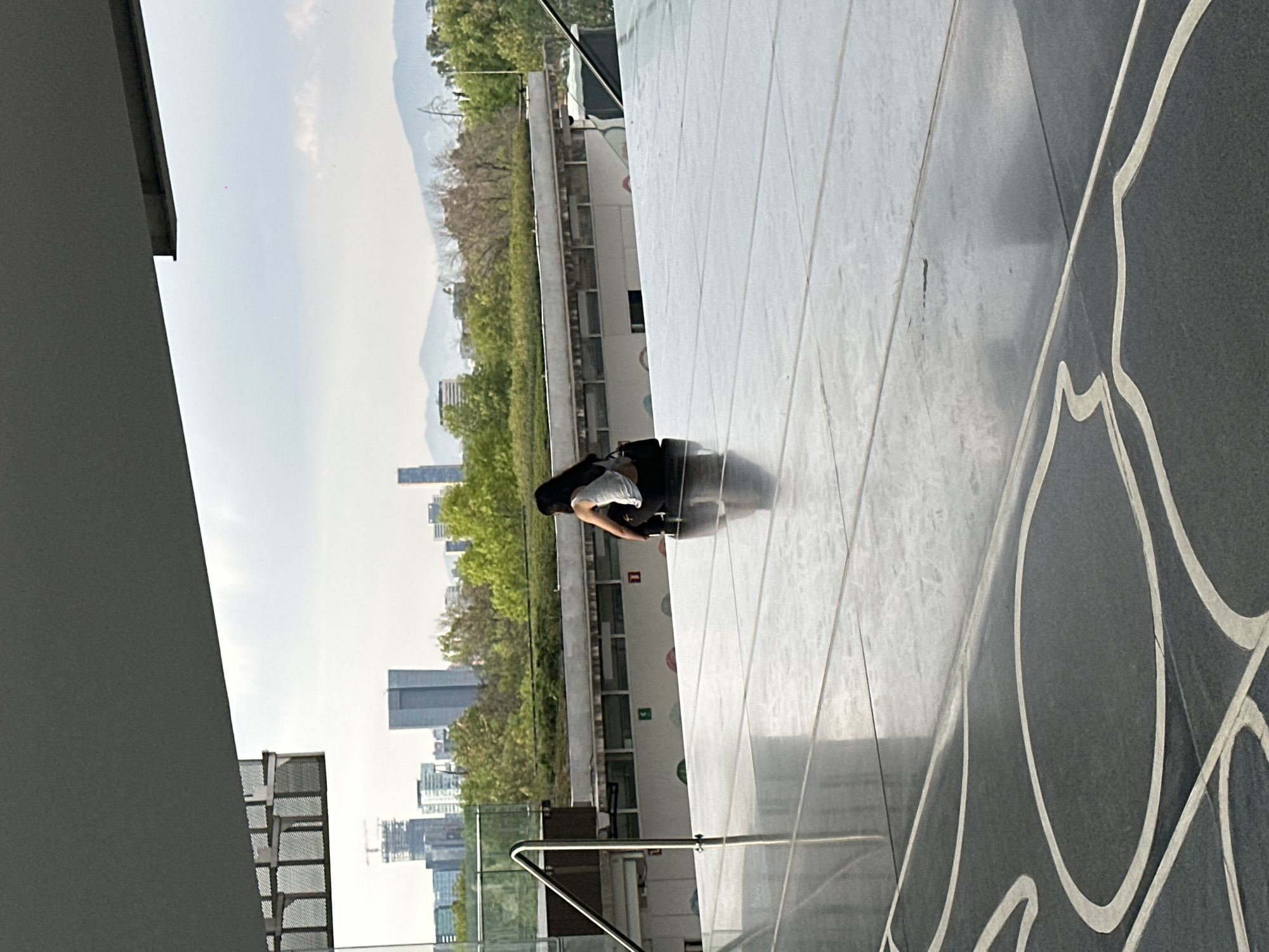 The image captures an exterior view in Mexico City, Mexico. A person, likely female, is seated on the edge of a rooftop or elevated platform, appearing to be absorbed in their phone. They are wearing a light-colored shirt and dark pants. The platform has a patterned floor, and a glass barrier with a metal railing runs along the edge, offering a view of the city. Buildings are visible in the distance, along with greenery and trees. The sky is overcast.