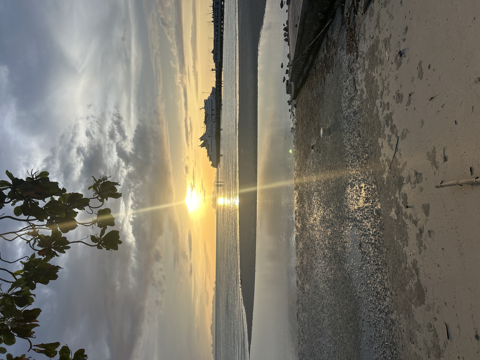 An outdoor, vertical, full shot captures a tranquil beach scene at sunset on the coast of Ko Samui District, Thailand. The foreground is dominated by a sandy beach dotted with small pebbles and scattered debris. A shallow pool of water reflects the golden hues of the setting sun, with the sand around it appearing wet and rippled. In the mid-ground, the calm sea stretches towards the horizon, with a wide expanse of water separated from the foreground by a sandy bank. The sun, a bright orb radiating golden light, sits low in the sky, casting a brilliant reflection on the water's surface. In the distance, a large ferry boat is docked at a pier, with lights visible along the structure. Silhouetted islands and mountains form the far horizon, partially obscured by the dusky sky. Overhead, leafy branches of a tree hang into the frame from the top left, their dark silhouettes contrasting with the bright sky. The sky itself is a mix of dramatic, heavy clouds in shades of gray and white, interspersed with patches of soft orange and yellow light from the setting sun. A lens flare emanates from the sun, casting a bright streak across the image. The overall atmosphere is one of serene natural beauty, with the warm colors of sunset creating a peaceful and inviting ambiance.
