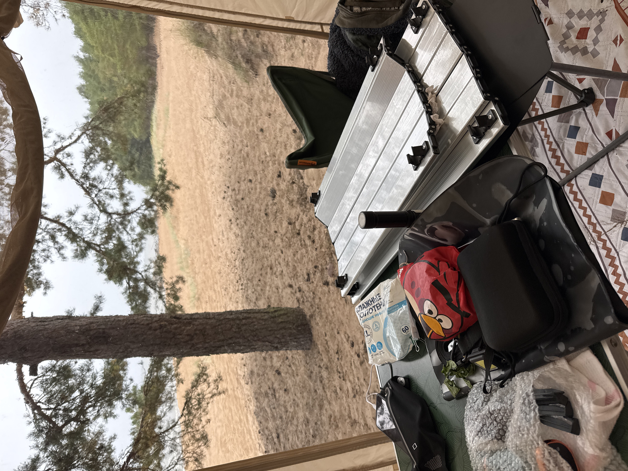 The image depicts a campsite scene within a tent, with a sandy landscape and pine trees visible through the open front. In the foreground, a green camping table is laden with various items, including a black pouch, a package of wipes, a red character-shaped bag, a black case, and bubble-wrapped items. A collapsible aluminum table is folded and placed on top of other items. A green camping chair is visible in the background. The overall environment suggests an outdoor recreational setting, possibly near a beach or dunes, in a location such as Ozerki (Krasnodolinskaya), Russia.