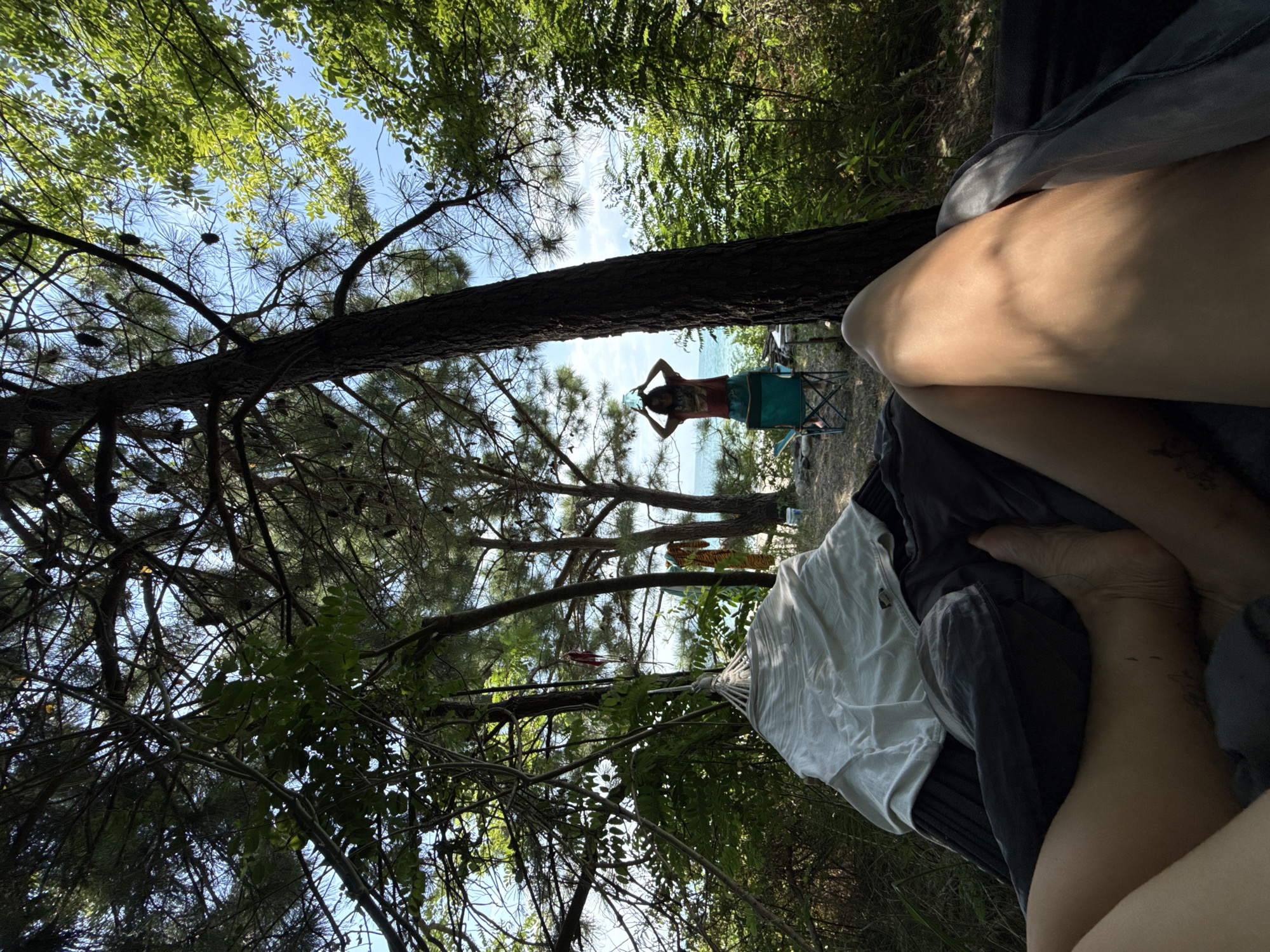 The image depicts a sun-drenched campsite nestled amongst trees, overlooking a body of water. In the foreground, the perspective is from within a hammock, showing the legs of a person lying down. The hammock itself is draped with a white cloth. In the mid-ground, a person is visible standing near a teal camping chair, holding a clear bottle above their head. Further back, a tranquil scene unfolds with the gentle blue of the water meeting the horizon, framed by lush green foliage and the silhouettes of trees. Two pieces of clothing, one with a tiger-like pattern, hang from a line between trees. The environment suggests a peaceful outdoor retreat in Yuada-Gulrypsh, Abkhazia.