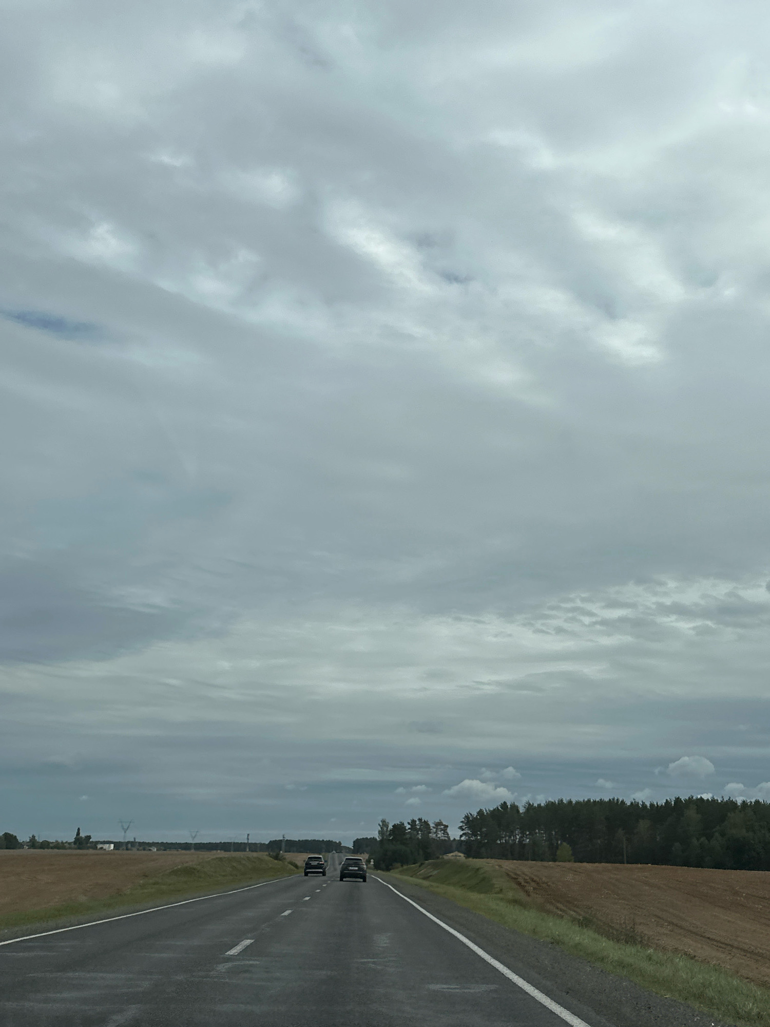 The image depicts a rural road in Krasnaŭski sel’ski Savet, Belarus, under an overcast sky. The road, paved and with a white dashed line marking the lanes, stretches into the distance. Two dark-colored vehicles are driving away from the viewer on the road. The landscape on either side of the road is agricultural, with harvested fields of dry, brown soil and some green grass. A dense line of dark green trees forms the horizon on the right side of the image. In the distance on the left, several tall, slender electricity pylons are visible, along with some low buildings and trees. The sky is filled with a thick layer of grey and white clouds, obscuring any direct sunlight.