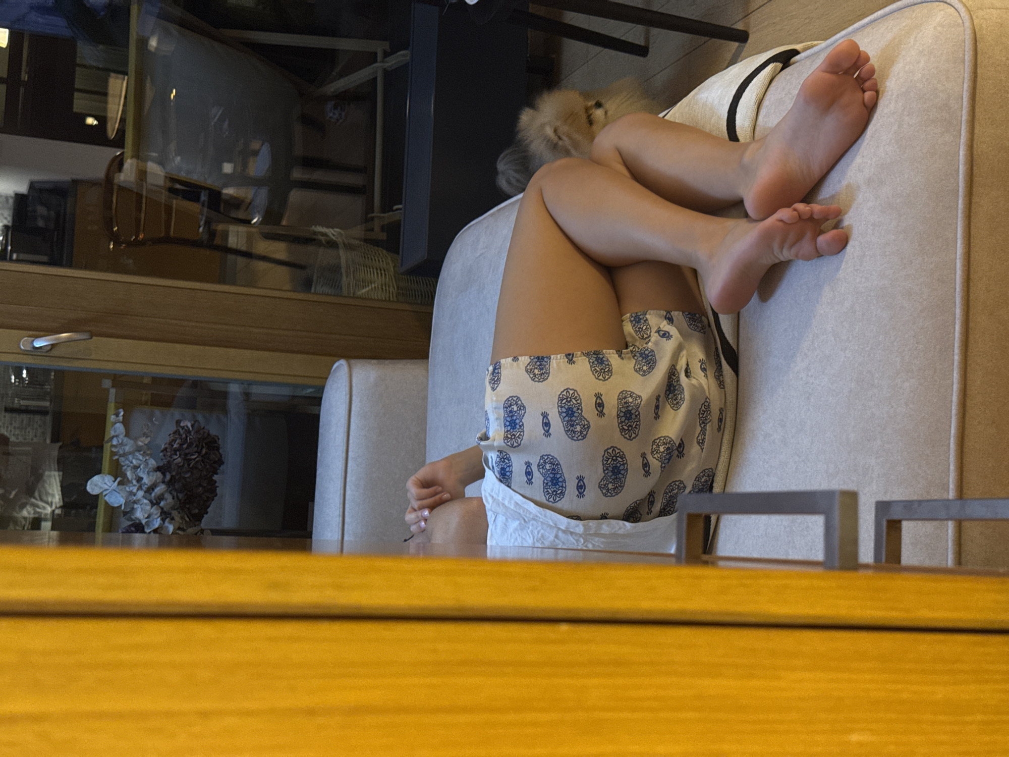 A high-angle shot captures a person reclining on a light-colored couch, with only their legs and lower torso visible. The person is wearing patterned shorts and white undergarments. Their feet are bare and positioned at the top right corner of the frame. The background includes a glass cabinet with various items inside, and a small dog is nestled near the person's legs. A yellow table obscures the lower portion of the frame. The location is unknown.
