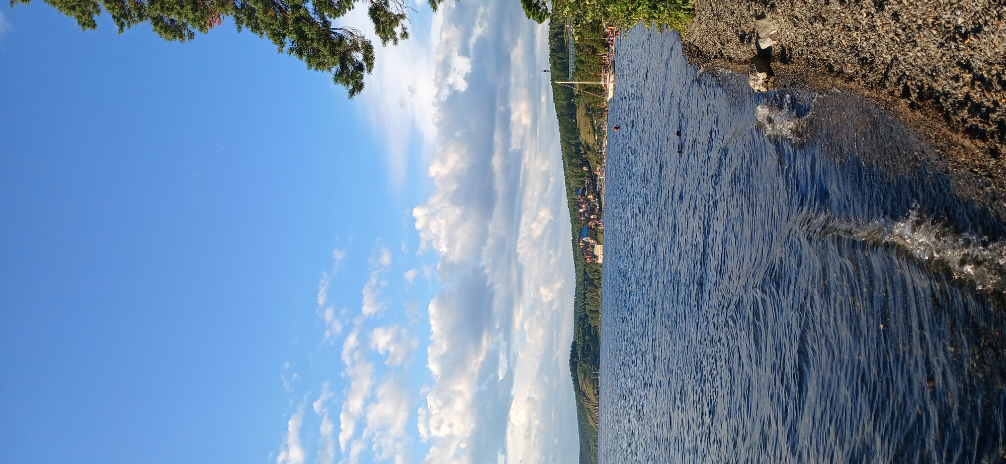 This is a vertical, eye-level shot of a lakeside scene on a sunny day. The foreground features the dark blue, rippling water of a lake, with a narrow, pebbly shore on the right side. Small waves are breaking gently on the shore, and a few larger rocks are visible on the beach. In the middle ground, across the water, is a densely forested, hilly shoreline with a cluster of buildings, appearing to be a small village or resort. A white sailboat is moored in the water to the right of the village. A few small figures, possibly people swimming or standing near the water, are visible in the lake. The sky above is a clear, bright blue with scattered white, fluffy clouds. A portion of a pine tree with green needles is visible in the upper right corner of the frame. The image appears to depict the shoreline of Lake Turgoyak in Turgoyak, Russia.