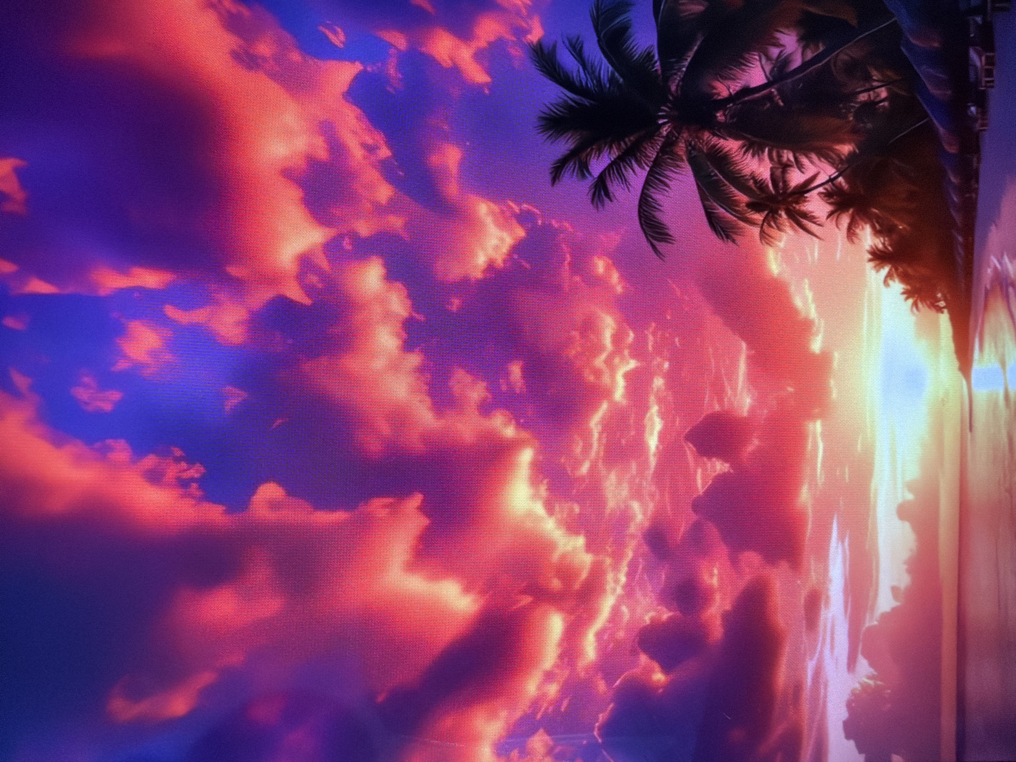 This media file is a photograph of a digital screen displaying a vibrant tropical sunset or sunrise scene, taken in Razlog, Bulgaria. The original image is rotated 90 degrees clockwise.
**Subjects:** The prominent subjects are silhouetted palm trees in the upper right quadrant (when correctly oriented), dramatic clouds, a body of water (likely an ocean or sea), and the bright, low sun.
**Scene/Setting:** The scene depicted is a breathtaking tropical or coastal landscape during golden hour. The sky is filled with a dynamic display of clouds illuminated by the sun. The photo's subject matter suggests a serene and picturesque beach setting.
**Activity or event taking place:** A vivid sunset or sunrise is occurring, casting intense light across the sky and reflecting on the calm water below. The light creates a striking contrast between the dark silhouettes of the palm trees and the brightly colored clouds.
**Notable details:** The time of day is clearly either sunset or sunrise, characterized by a stunning palette of red, orange, pink, purple, and blue hues dominating the sky. The clouds are voluminous and catch the light beautifully, appearing to glow with fiery colors in some areas and deep purples in others. The silhouetted palm trees lend a strong tropical ambiance to the scene. The visible texture across the image, especially apparent in the crops, suggests it is a photo of a screen or display rather than a direct photograph of the natural scene itself. No visible text is present in the image.