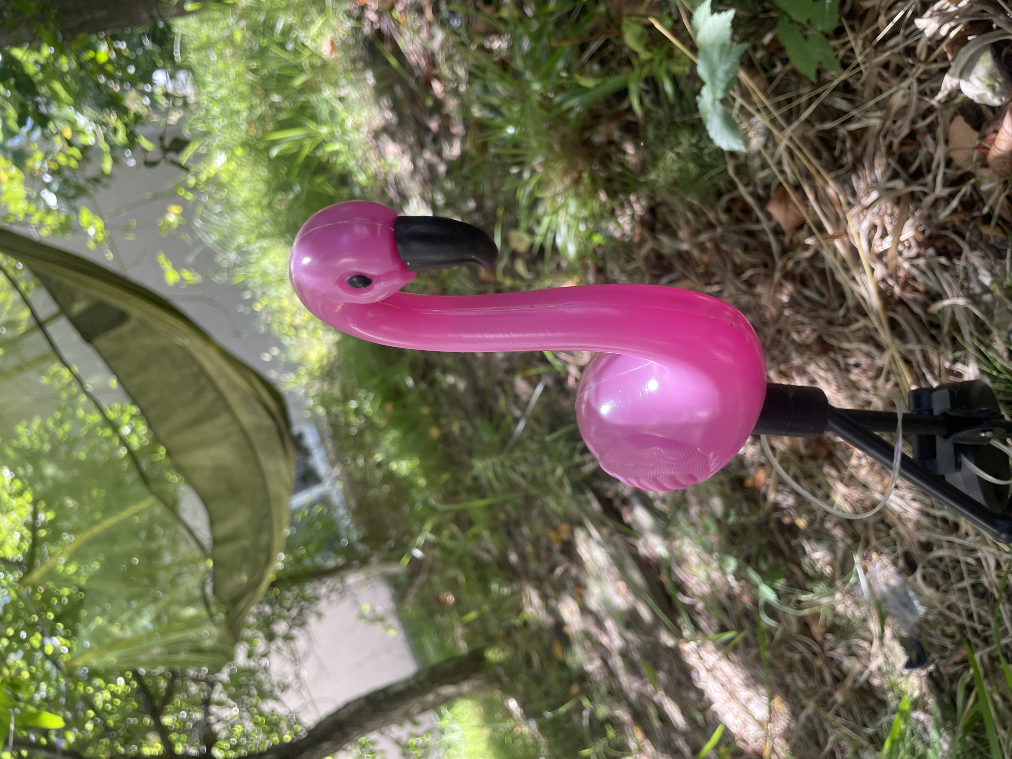A bright pink plastic flamingo figurine stands in a natural outdoor setting. The flamingo, with a black beak and a black eye, is mounted on a black stand. Behind the flamingo, a green hammock is visible, suspended between trees, suggesting a park or backyard environment. The ground is covered with dry grass, leaves, and some green vegetation. The background consists of trees and foliage, with dappled sunlight creating a bright and airy atmosphere. The scene is likely located in Baranovka, Russia, given the context.