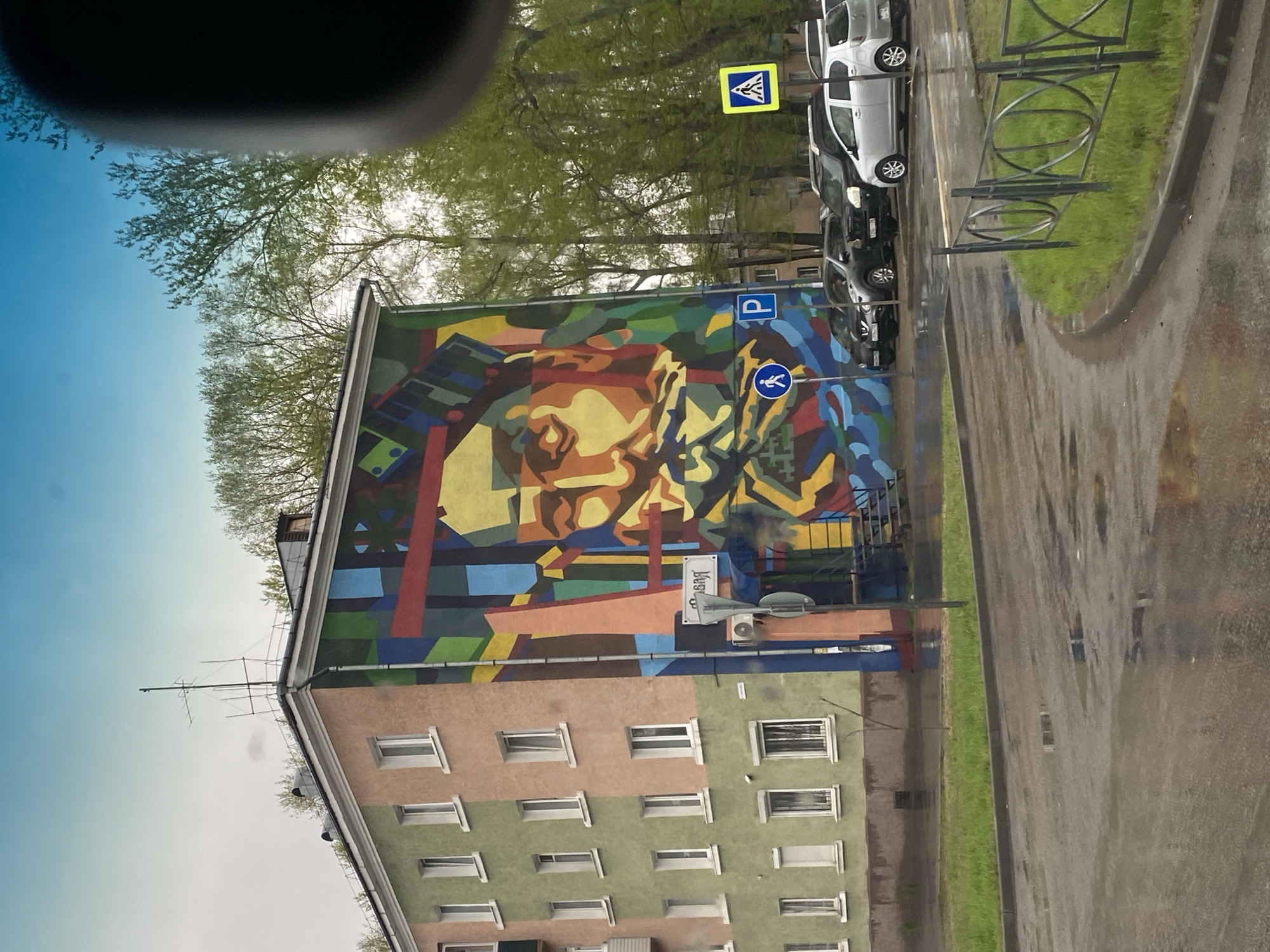 The image captures an apartment building in Usolye-Sibirskoye, Russia, adorned with a large mural. The mural depicts a stylized portrait in shades of brown, yellow, blue, and green. A street sign with a pedestrian crossing symbol is affixed to the building, and a "P" parking sign is visible above it. A street sign with a "DANGER" sign is seen near a row of parked cars, which are predominantly silver and black. The apartment building has multiple floors with rectangular windows. The building's facade is painted in alternating sections of pink and green. A television antenna is visible on the building's roof. The environment is wet, with reflections visible on the pavement, suggesting it has recently rained. A small grassy area lines the street, and trees with green foliage are visible in the background. The image appears to be taken from inside a vehicle.