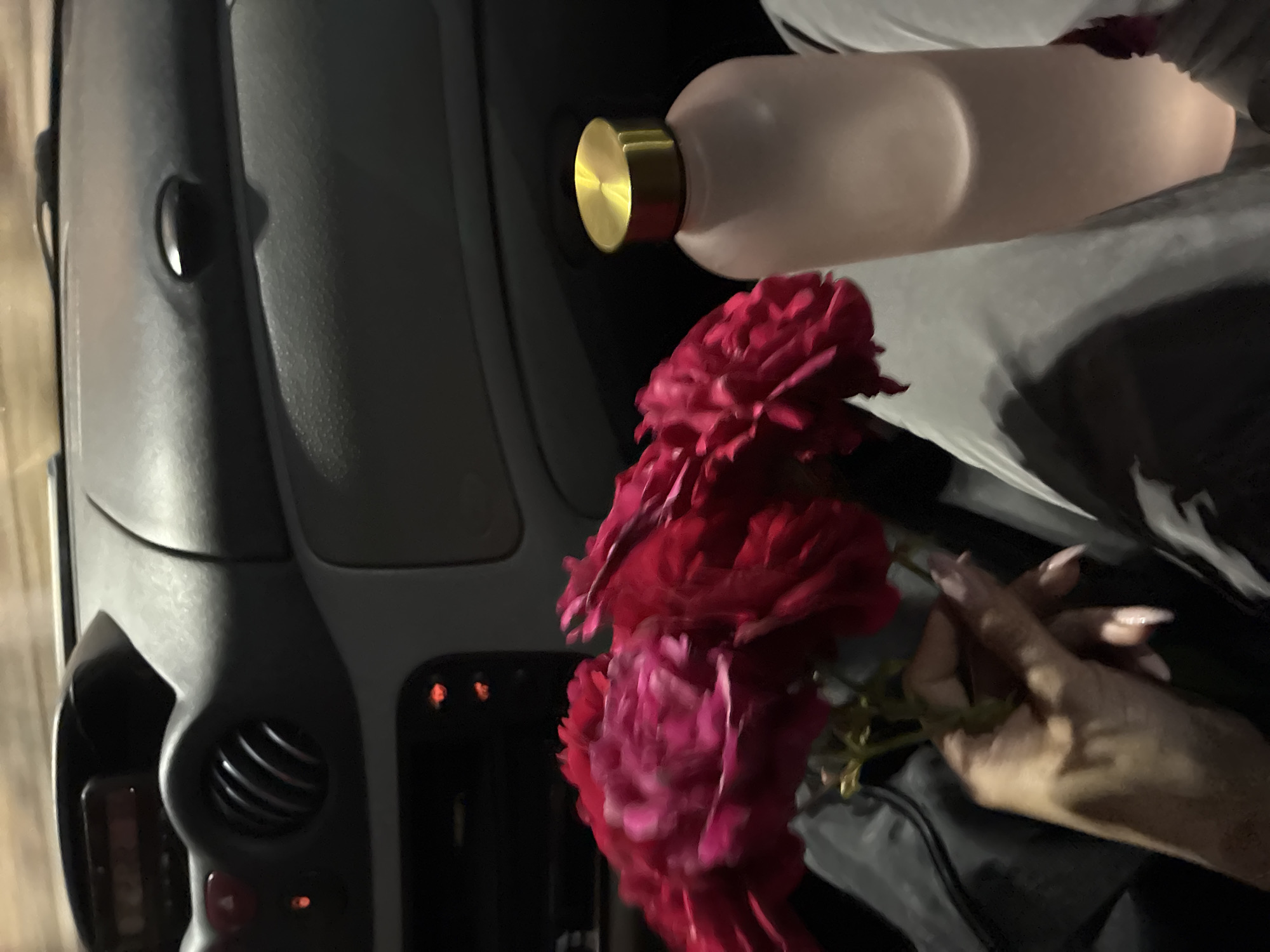 A vase of red flowers is held in a hand with long, manicured nails next to a water bottle and a dashboard in what appears to be a car. The location is unknown.