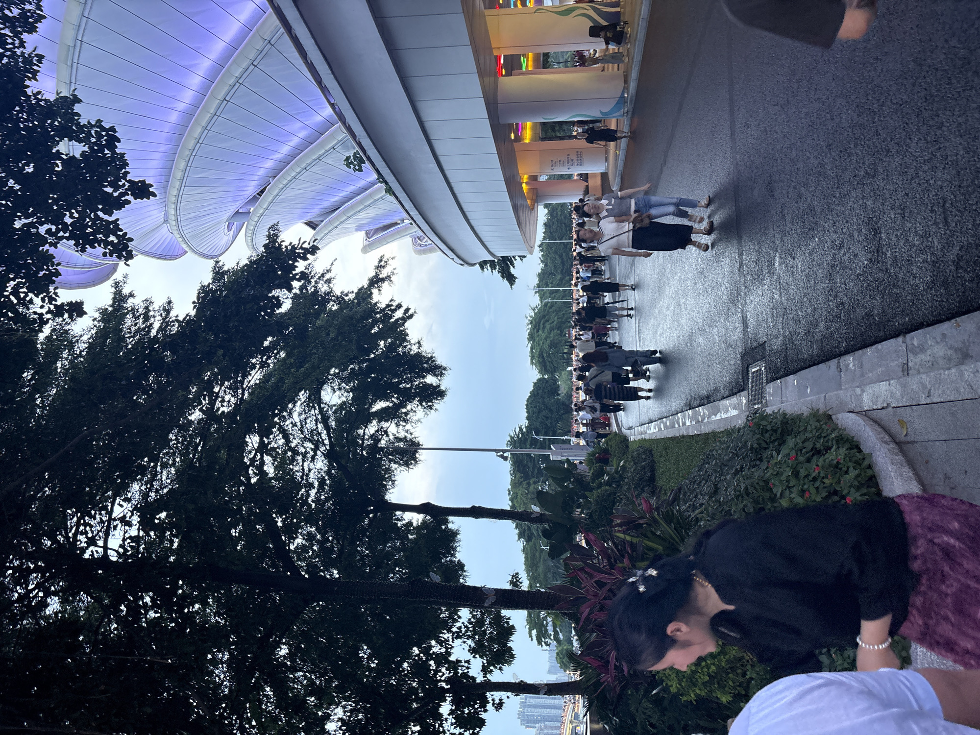 The image depicts a street scene with a large, modern building featuring a distinctive, curved, layered facade illuminated with purple and blue lights. The building appears to be a cultural or event venue. In the foreground, lush greenery with dark red foliage lines a sidewalk where a woman with her hair pulled back and wearing a black top and a patterned skirt is walking. Further down the street, a crowd of people are walking on a wet asphalt road and sidewalk. The sky is overcast. In the distance, city buildings are visible. The overall atmosphere suggests an evening gathering or event.