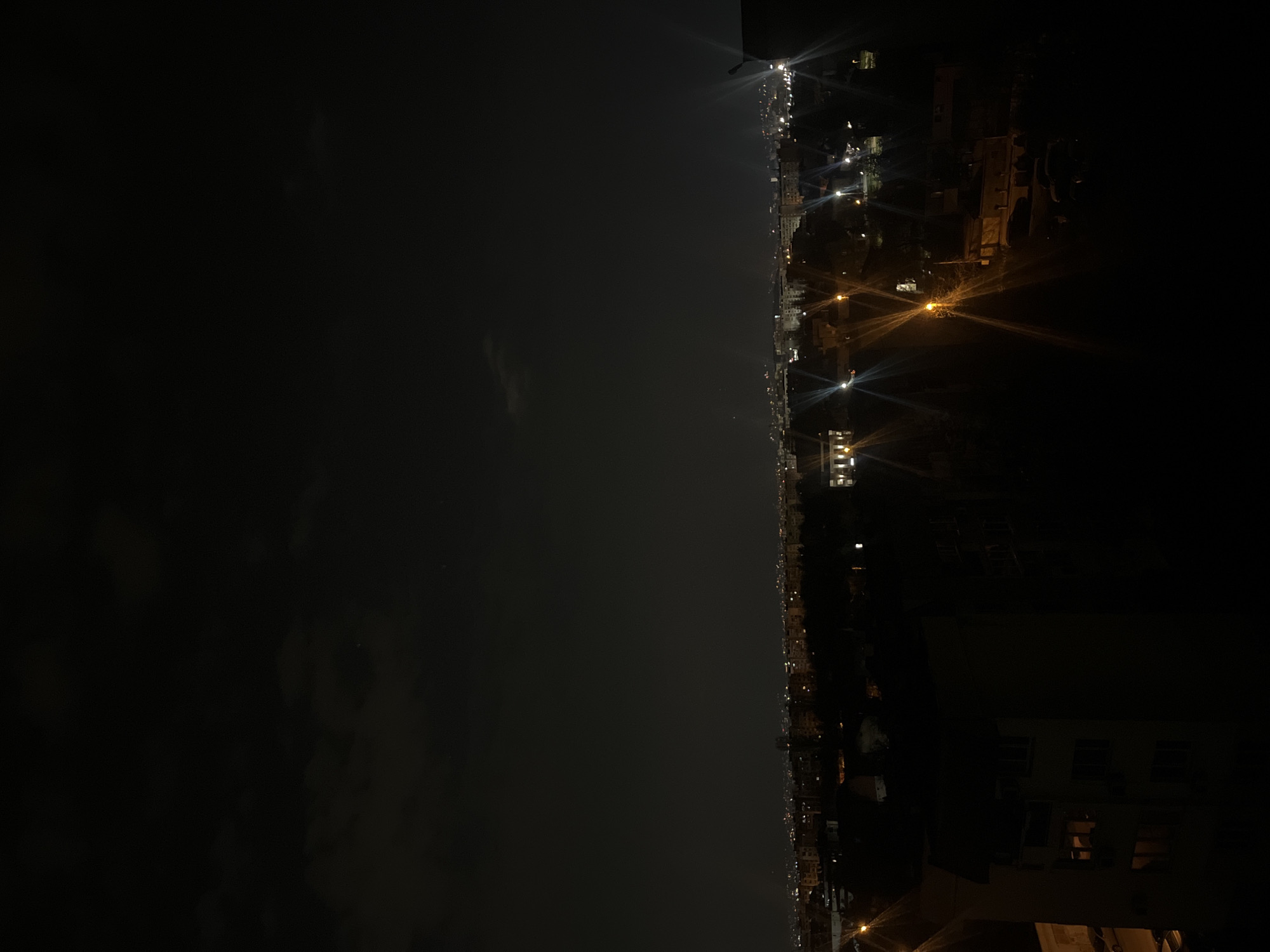 The image shows a night scene with a cityscape along the right side and a body of water or dark open space on the left. Bright city lights are scattered throughout the buildings, illuminating the urban area. The background is dark, possibly indicating a cloudy night sky. The scene appears to be taken from an elevated position, providing a wide view of the city. Without additional context, the specific location in Sofia, Bulgaria, cannot be definitively confirmed.