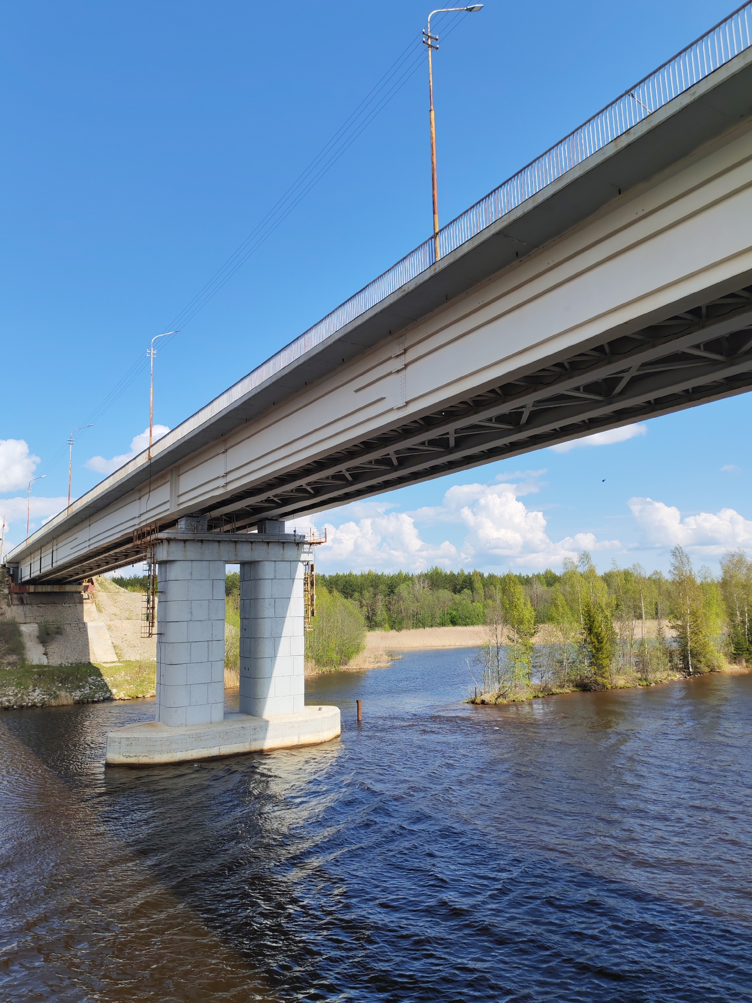 A medium-angle shot depicts a bridge spanning a body of water. The bridge is constructed of light grey concrete and steel, with a metal railing running along its upper edge. Tall, grey concrete piers support the bridge, standing in the water. The water itself is dark and reflects the sky and bridge.
On the far side of the bridge, trees line the shore, creating a backdrop of green foliage. Patches of reeds can be seen near the shoreline. The sky above is a clear blue, dotted with puffy white clouds.
No people are visible in the scene. The focus is on the structure of the bridge and its environment. The location is Unknown, Unknown.