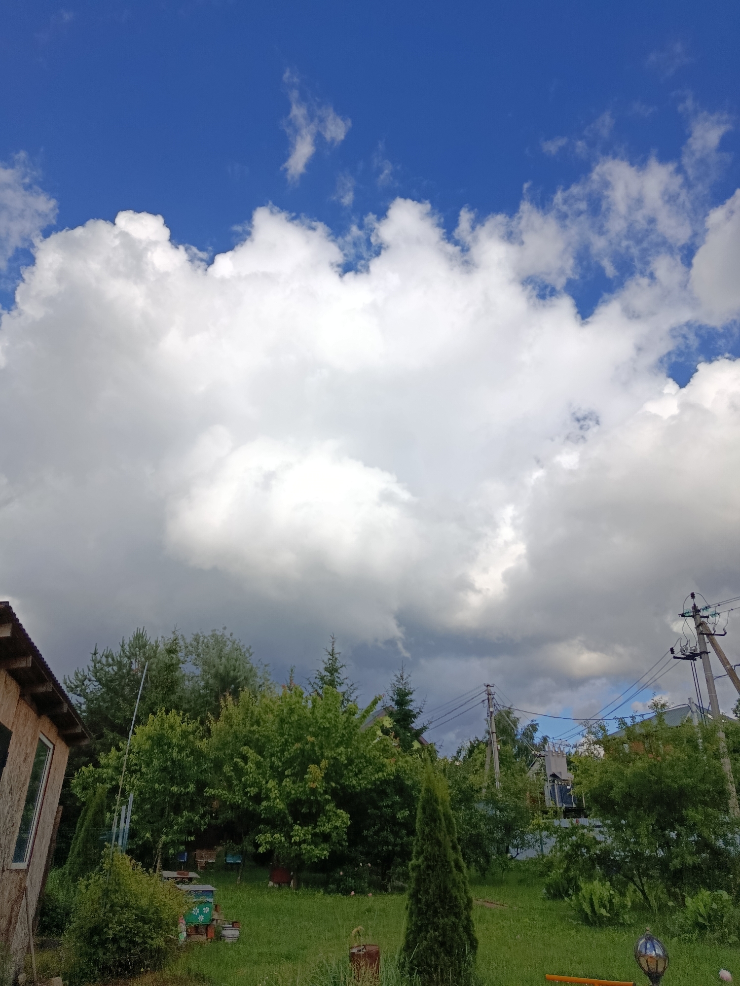 A wide-angle, eye-level, outdoor shot captures a suburban scene under a partly cloudy sky. The sky is a vibrant blue with large, fluffy white clouds dominating the upper half of the frame. The lower half of the image shows a grassy yard with various trees and vegetation. To the left, a wooden structure, possibly a shed or small house, is partially visible with a window. In the background, there are more trees, a utility pole with wires, and glimpses of houses. Several beehives are visible on the grass in the middle ground. The overall impression is one of a rural or semi-rural residential area. The image is taken in Motyakovo, Russia.