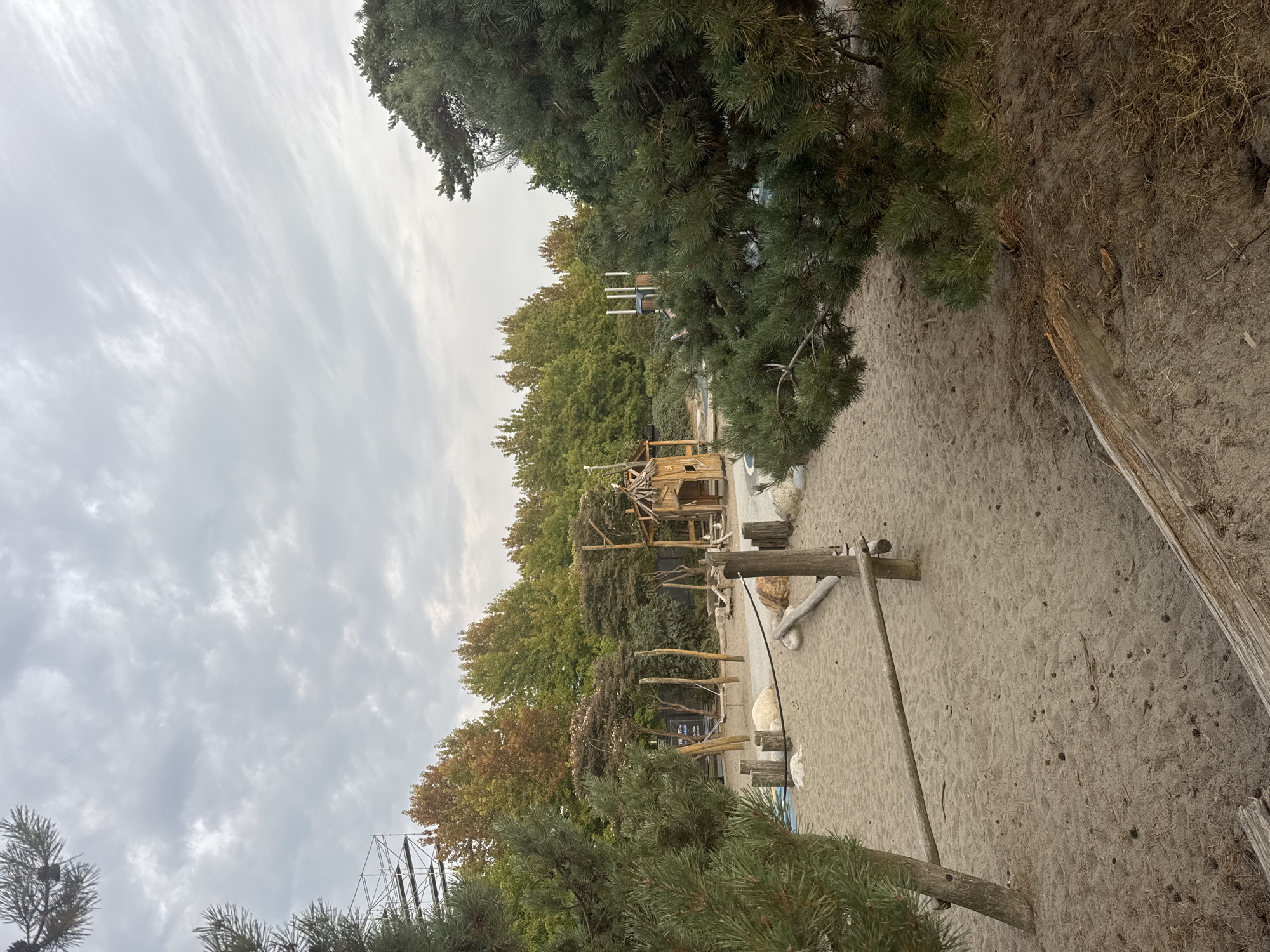 A sandy playground with wooden play structures and trees is depicted under a cloudy sky. In the background, a line of deciduous trees displays autumnal colors ranging from green to orange and brown. A scaffolding structure is visible to the far left. The foreground features pine branches and a large log. The scene appears to be an outdoor public space.