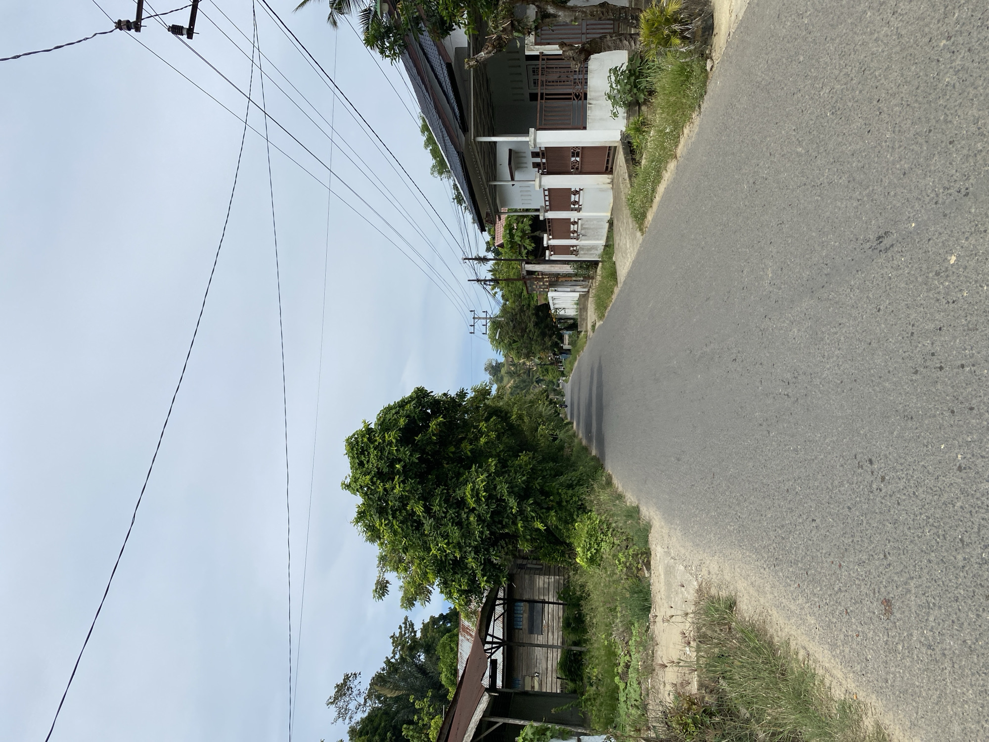 The image depicts a roadside scene in Lhokseumawe, Indonesia. The foreground is dominated by an asphalt road that curves into the distance. To the left of the road, a sidewalk is lined with lush green vegetation, including grasses and small flowering plants. Beyond the sidewalk, a series of houses are visible, characterized by white walls and brown accents. Some of these houses have balconies and intricate latticework on their windows and doors. Further back, a large, leafy tree stands prominently, casting a shadow on a simple wooden structure with a corrugated metal roof. Overhead, a network of utility wires crisscrosses the sky, supported by poles. The sky is overcast, suggesting a cloudy day. The overall impression is that of a residential area in a tropical or subtropical region, likely during the daytime, given the illumination. There is no visible text in the image. The scene conveys a sense of everyday life in a community, with elements of both nature and human habitation.