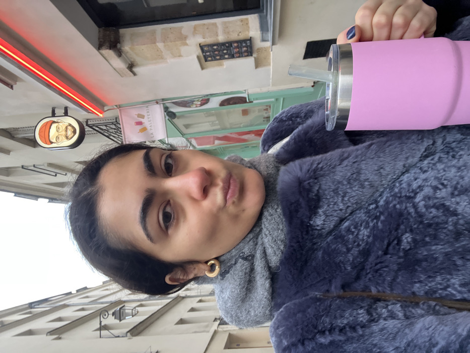 A female individual is depicted in a selfie, puckering her lips slightly while holding a large pink insulated tumbler with a straw in her left hand. She wears gold-colored hoop earrings, a grey scarf, and a dark blue faux fur coat; her fingernails are painted dark blue. The background reveals a narrow street in Paris, France, characterized by multi-story, light-colored stone buildings under an overcast sky. On the right, a shopfront features a light green/turquoise entrance and prominent signage including "LA PALETERIA" with colorful popsicle graphics, a horizontal red neon light strip, and a round illuminated sign depicting a cartoon man in a red beanie and beard. A menu board is affixed to the wall nearby. On the left side of the street, a traditional dark Parisian street lamp is visible. The specific location is Rue du Pont Louis-Philippe, near 2 Rue du Pont Louis-Philippe, in the 4th arrondissement of Paris.