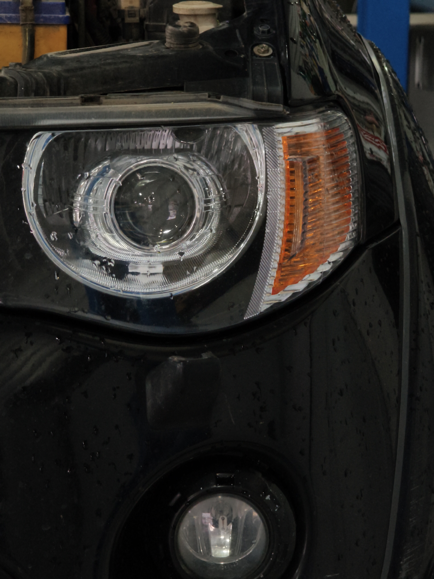 The image shows a close-up, angled view of the front right headlight and fender of a black car. The headlight is a projector-style unit with a clear lens, and an orange turn signal is located to its right. The car's bodywork is wet, with visible water droplets. A circular fog light is visible below the main headlight. In the background, parts of the car's engine bay are visible, including what appear to be battery containers. The scene is dimly lit, suggesting an indoor environment such as a garage or workshop. There are no people or animals visible in the image. The location of Noviy, Russia is not visually indicated in the image.