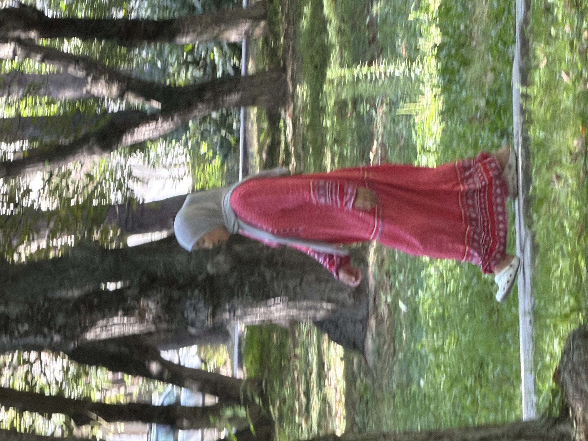 A person walks on a path in a park. The person is wearing a pink dress and a grey headscarf. The person is in the middle of the frame, facing right. The park has trees and grass. The sun is shining.