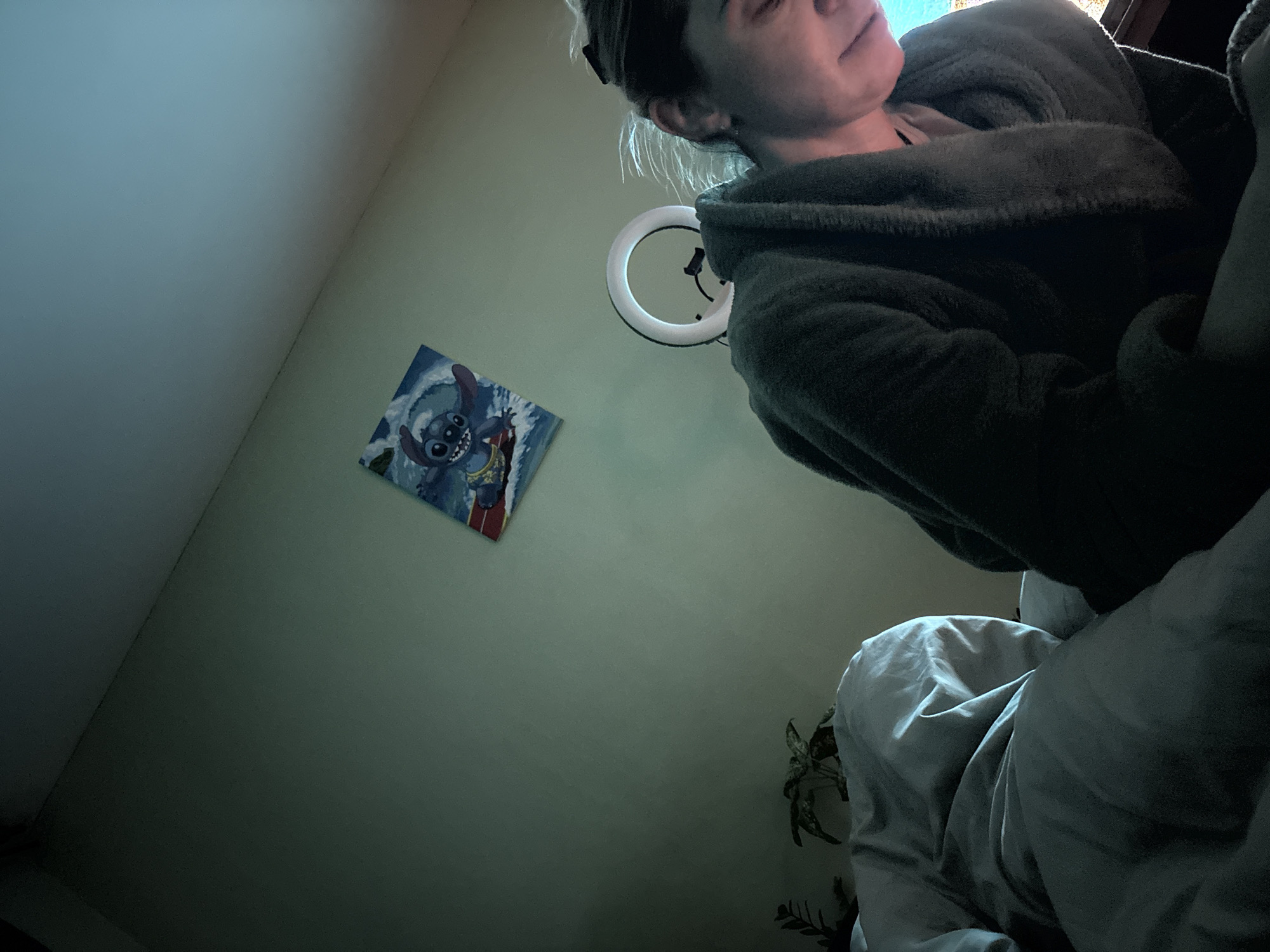 A low-angle shot depicts a person wearing a dark, fluffy robe, partially obscured by bedding. A ring light is positioned behind the person’s head. On the wall, there's a framed picture of the cartoon character Stitch surfing. The scene's location is Unknown, Russia.