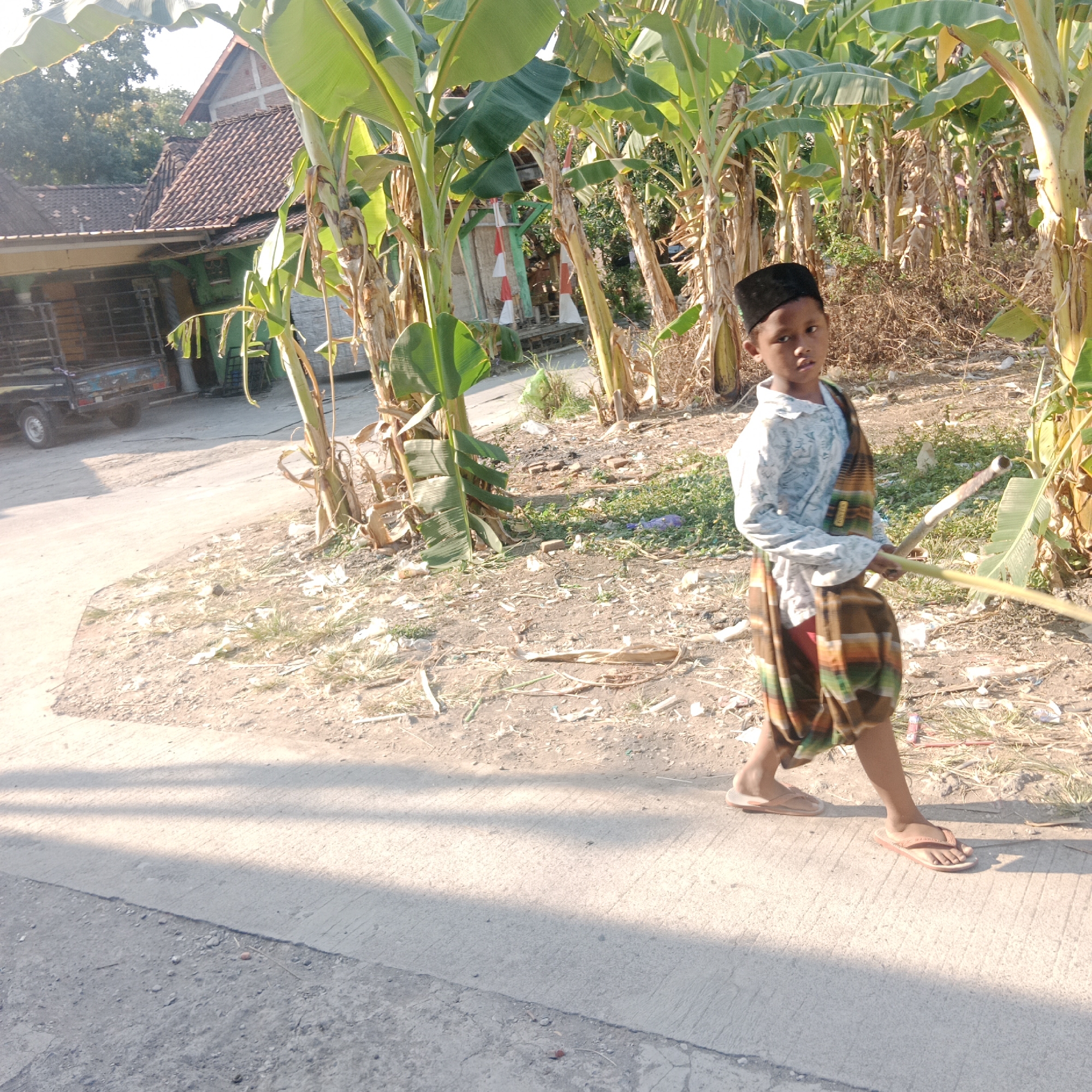 In Tegowanu Kulon, Indonesia, a young boy, appearing to be around 8-10 years old, walks along a paved road next to a dense grove of banana trees. He is wearing a white patterned long-sleeved shirt, a black peci hat, and a sarong with a plaid pattern of green, brown, and orange. A colorful sash is draped over his left shoulder and across his chest. The boy is holding two long, thin bamboo poles horizontally, with the one in his right hand slightly higher than the one in his left. His gaze is directed forward, towards the viewer's right. The environment is rural, with a dirt path visible beside the road, littered with dry leaves and debris. In the background, a house with a red tiled roof and green walls is partially visible, along with a dark-colored truck parked to the left. The lighting suggests it is daytime, with long shadows cast on the road.