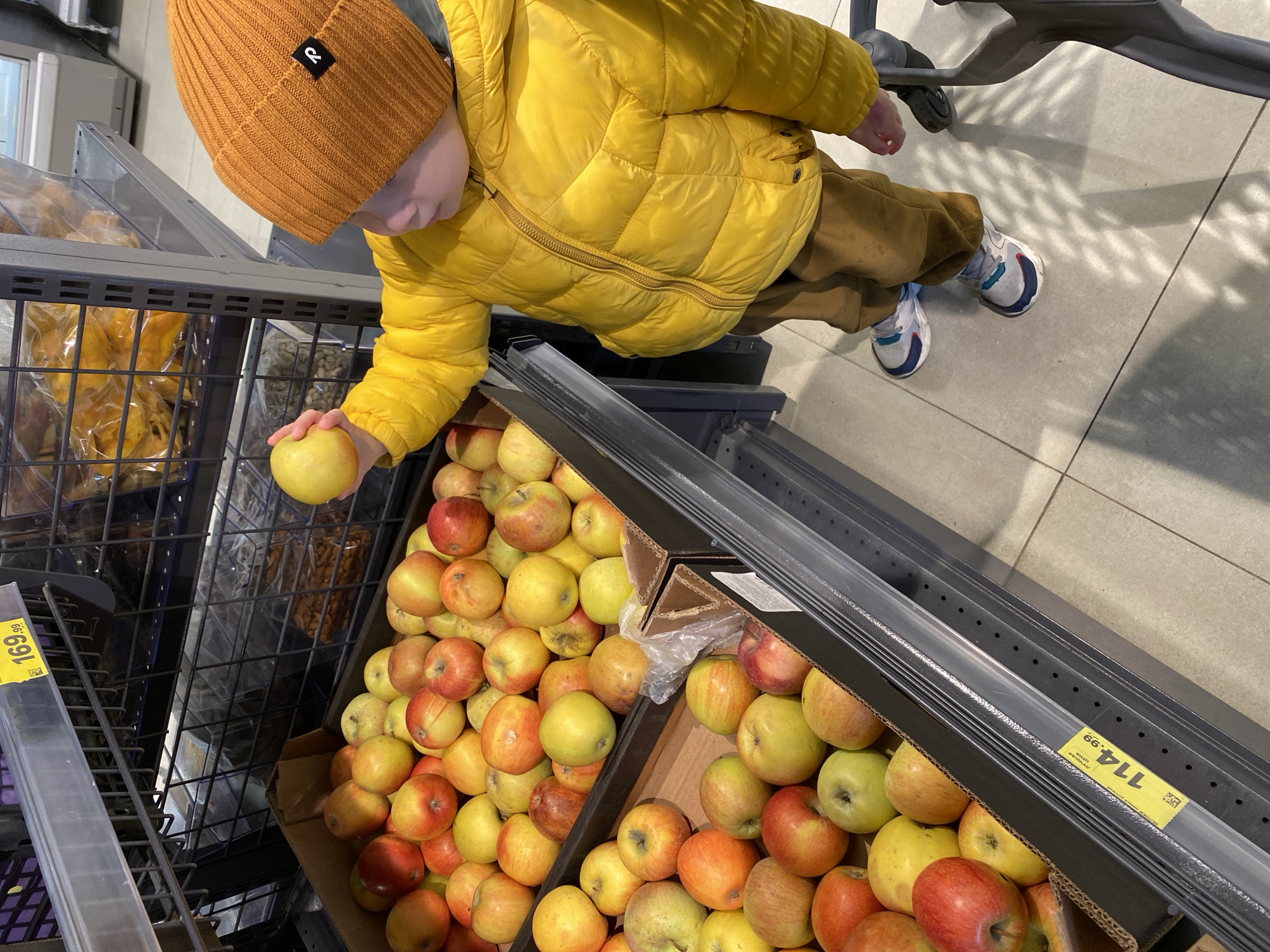 A child in a yellow puffer jacket and brown knit hat stands in front of a bin of apples, holding one in their hand. The child is wearing brown pants and white sneakers with blue accents. The bin contains a mix of red and yellow apples. The bin is located inside a store, near a shelf with packaged food items. The floor is tiled. A shopping cart handle is visible in the upper right of the image. The location is not in Sochi, Russia.