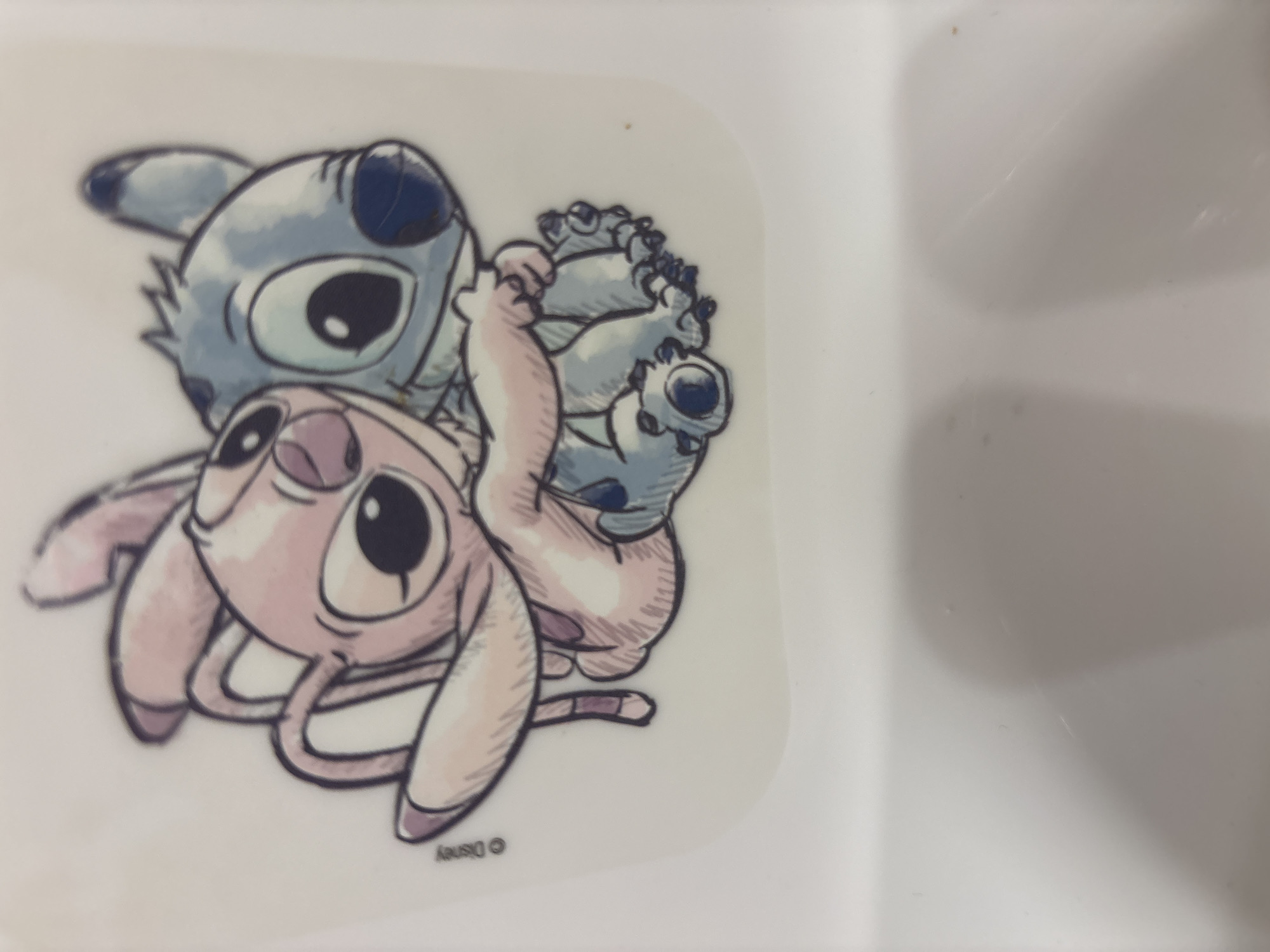 The image shows a cartoon-style depiction of Disney characters Stitch and Angel, likely printed on a surface such as a tray. Stitch, blue in color, is positioned above and partially behind Angel, who is pink. They are embracing. The Disney copyright symbol is visible in the lower left. The background is a plain white surface. The image does not provide any information about the location being in the city of Plovdiv, Bulgaria, or provide any forensic details about the scene.
