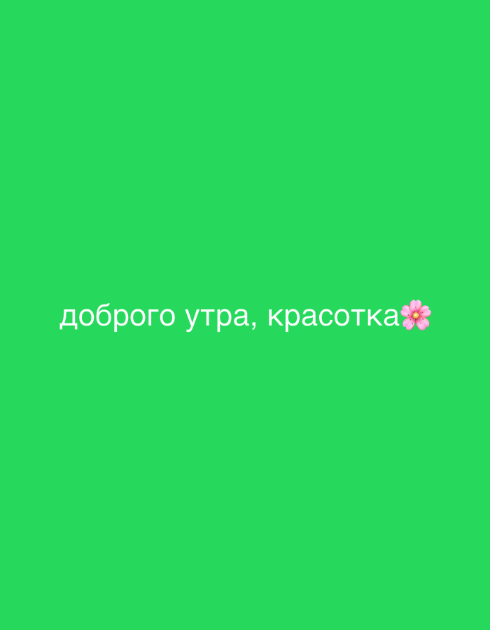 The image presents a digital graphic within the city of Nikol'skii, Russia. The entire frame is filled with a uniform, solid green color. White Cyrillic text, reading "доброго утра, красотка" (Good morning, beautiful), is centered horizontally in the lower portion of the image. Immediately to the right of the text, a small, pink, five-petaled flower emoji is visible. No other subjects, objects, people, actions, interactions, or environmental features are present.