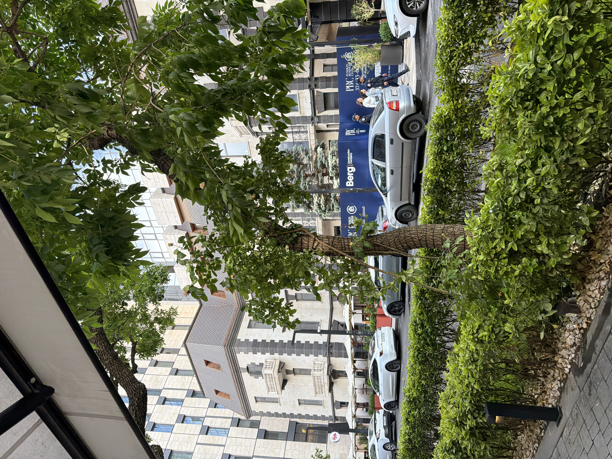 The image depicts a street scene in Yerevan, Armenia. A mature tree with dense foliage dominates the foreground. Behind the tree are several parked cars. Adjacent to the cars is a green hedge. In the background, buildings of varying architectural styles are visible. A construction site with a poster is also present. Three individuals appear on the poster.