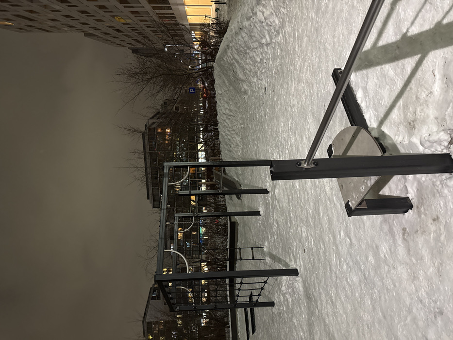 An outdoor playground sits on snow-covered ground at night. Buildings loom in the background under a dark sky. The playground equipment is made of metal. It includes bars, a circular platform, ropes, and other structures for climbing. The scene is dimly lit, creating a stark contrast between the playground's dark metal and the bright snow.