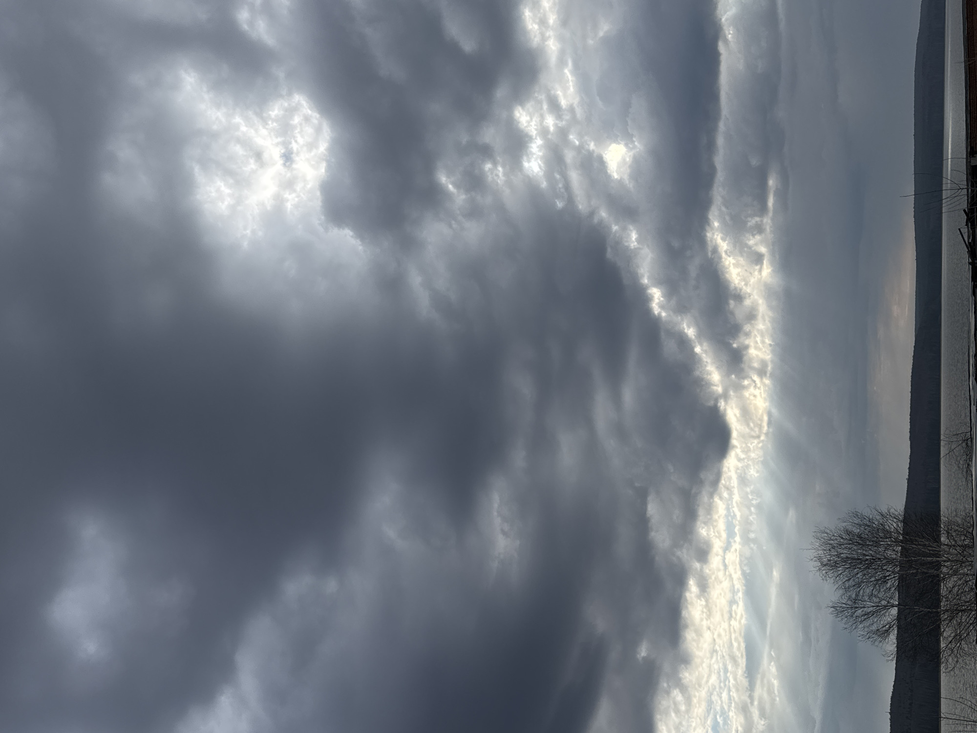 A dramatic natural landscape features a dynamic, heavily clouded sky over a body of water and distant land. The upper and central left portions of the sky are filled with thick, dark grey clouds, while the right side is illuminated by intense sunlight breaking through gaps in the cloud cover. These sunbeams create striking crepuscular rays that pierce downwards, casting bright streaks across the sky.
Below the cloudy expanse, a calm body of water, likely a lake or wide river, stretches across the lower right of the frame. Along the far bank, a dark, muted line of distant land or hills forms a subtle horizon against the water and lighter sky. In the lower right foreground, a bare deciduous tree, devoid of leaves, stands silhouetted against the backdrop, its intricate branches reaching upwards. Its leafless state suggests the season is late autumn, winter, or early spring.
The lighting conditions indicate either late afternoon or early morning, with the sun hidden but its powerful light dramatically shaping the cloudscape. The weather appears overcast but with significant breaks, creating a moody and picturesque scene. The presence of a large water body and distant land formations aligns with the provided location context of Chaikovsky, Russia. There is no visible text in the image.