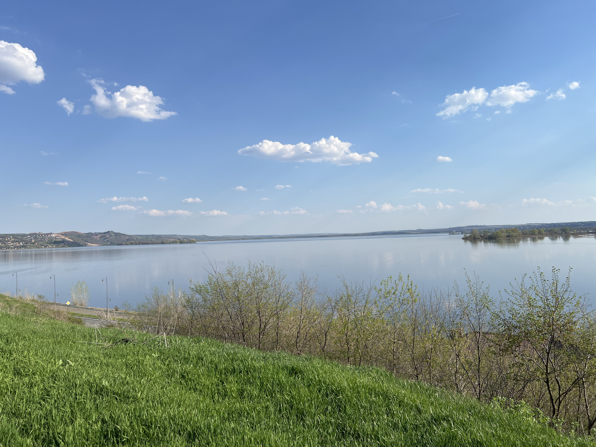 The image depicts a tranquil landscape with a body of water, likely a river or lake, stretching towards the horizon under a blue sky with scattered white clouds. In the foreground, lush green grass covers a slope, partially obscuring small trees and shrubs with budding leaves. A road with streetlights runs parallel to the water's edge, subtly visible through the vegetation. Across the water, there is a distant shoreline with some visible development, possibly a town or city. This is likely a view of the Volga River in Sviyazhsk, Russia.
