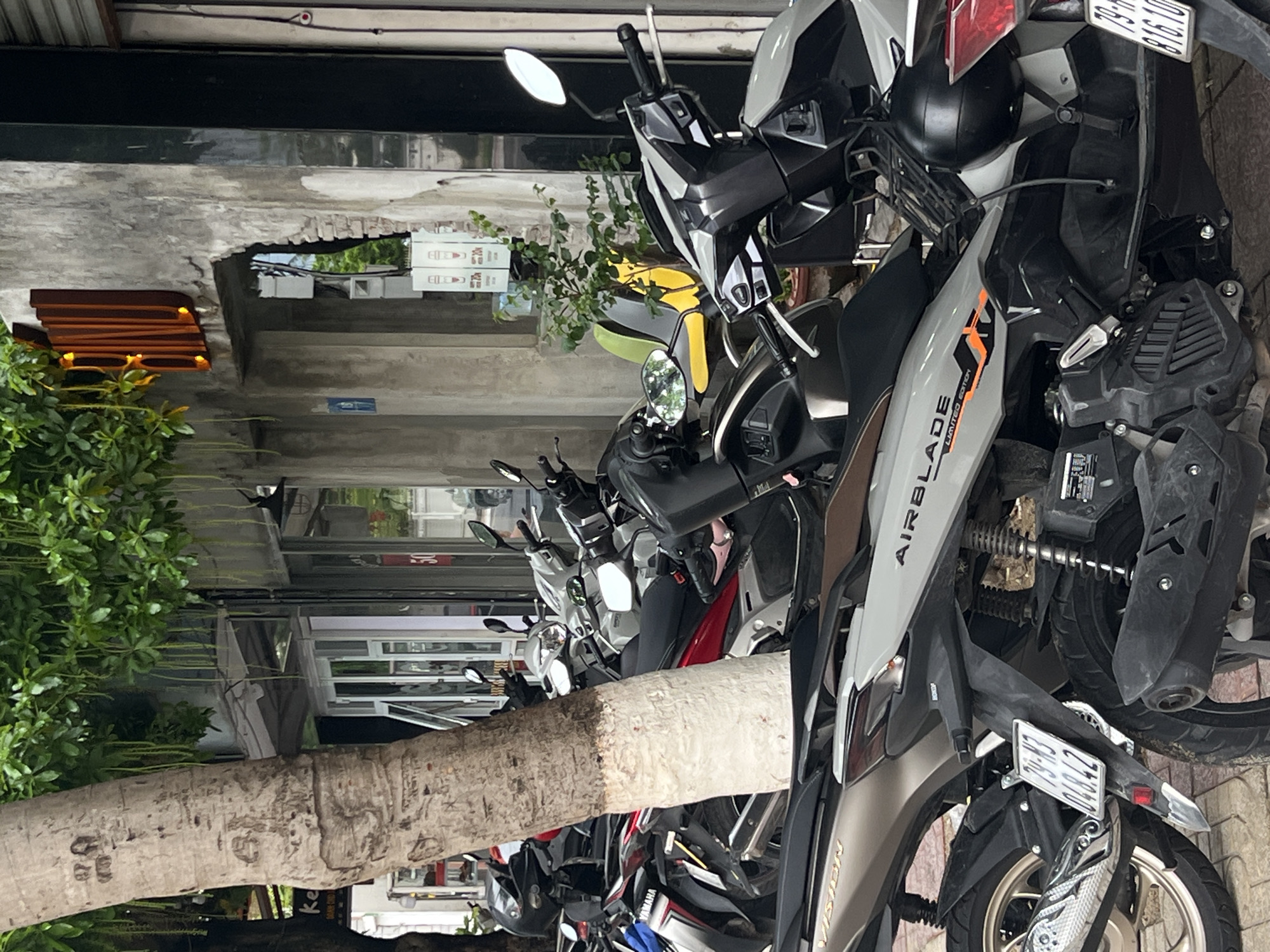 The image depicts a street scene in Bac Nha Trang Ward, Vietnam. Multiple motorcycles are parked along the side of a street. A tree trunk extends across the vehicles, partially obscuring some of them. The building on the opposite side of the street has a mixture of architectural styles, with some elements appearing older and others more modern. The lighting suggests it is daytime. The street is narrow, with visible signs and awnings. The motorcycles are of different models and colors, densely parked close to each other. The sidewalk appears to be made of stone.