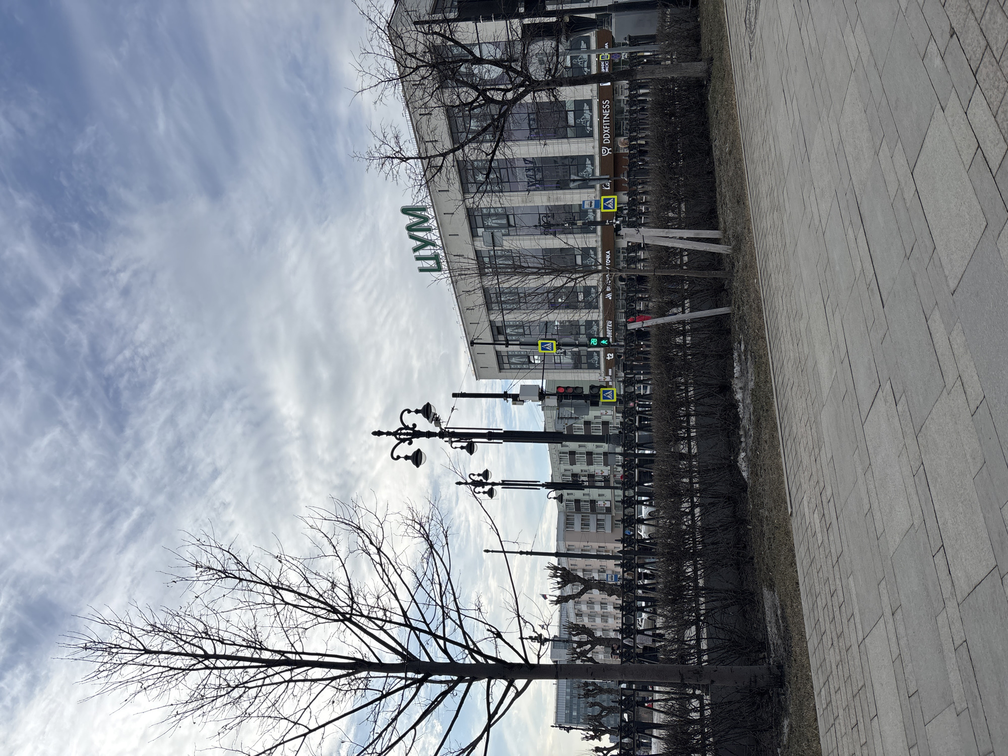 The image shows a street scene in Perm, Russia, on a cloudy day. The building in the background is labeled "ЦУМ" (TSUM), indicating a central department store. The building also features the signage "DDX FITNESS" (DDX FITNESS), suggesting the presence of a fitness center. There are traffic lights showing green and red, along with pedestrian crossing signs. Street lamps are visible along the sidewalk. Bare tree branches extend into the sky. A paved sidewalk runs along the right side of the frame. There is a line of bushes and vegetation separating the sidewalk from the street. Other buildings are partially visible in the distance. The sky is cloudy with textured patterns.