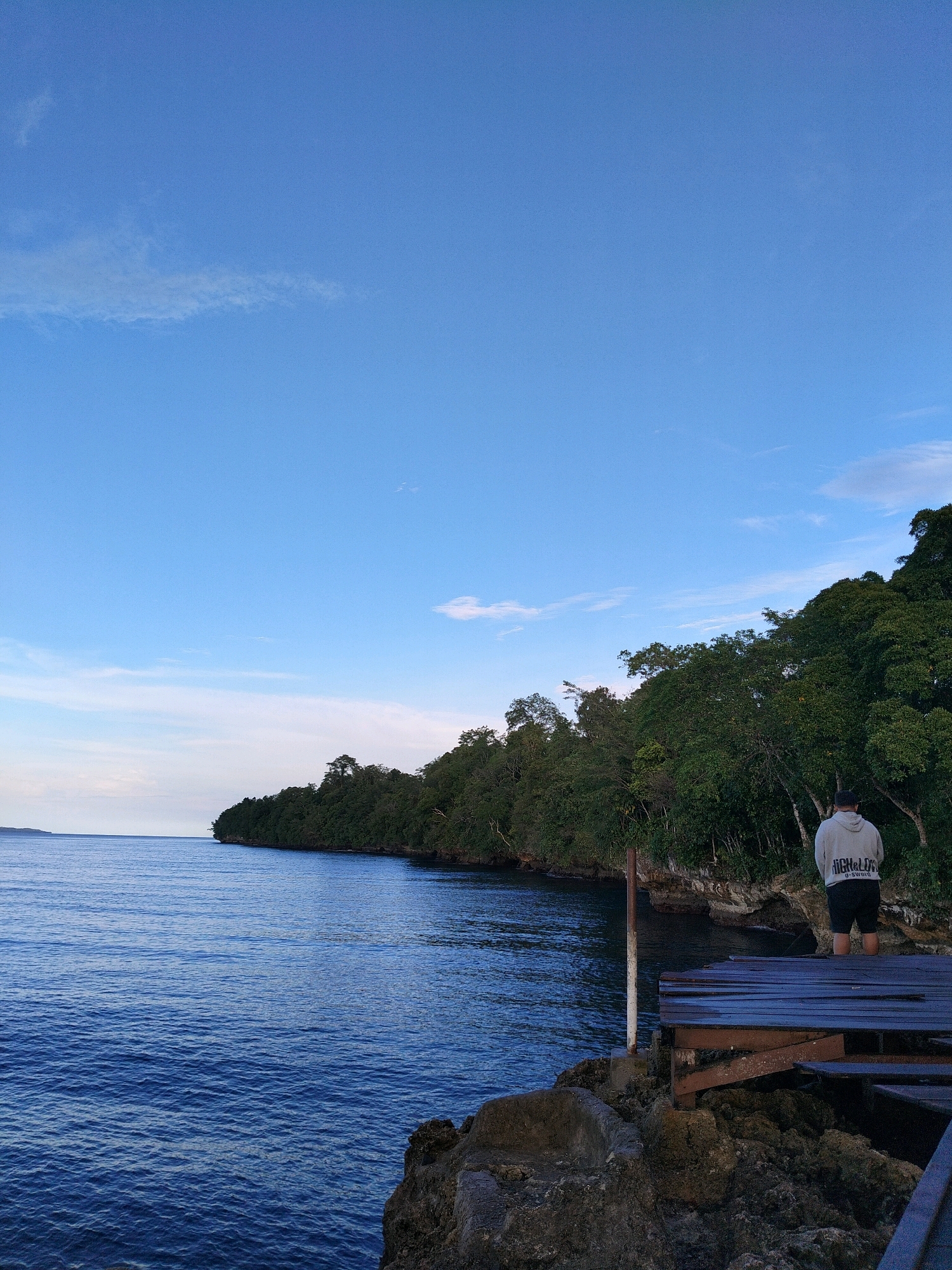 The image depicts a serene natural scene at the city of Animi, Indonesia. In the foreground, a person wearing a light-colored hooded sweatshirt and dark shorts stands on a wooden deck constructed over rocky terrain. The deck appears weathered and slightly dilapidated, with visible wooden planks and support beams. To the left of the deck, the deep blue ocean stretches out, with gentle waves lapping against the rocky shore. A faint horizon line separates the ocean from a clear, light blue sky, dotted with wispy clouds. Along the coastline, a lush green forest thrives, with dense trees forming a verdant backdrop. The overall impression is one of tranquil natural beauty, with the man observing the expansive ocean and the forested landscape.