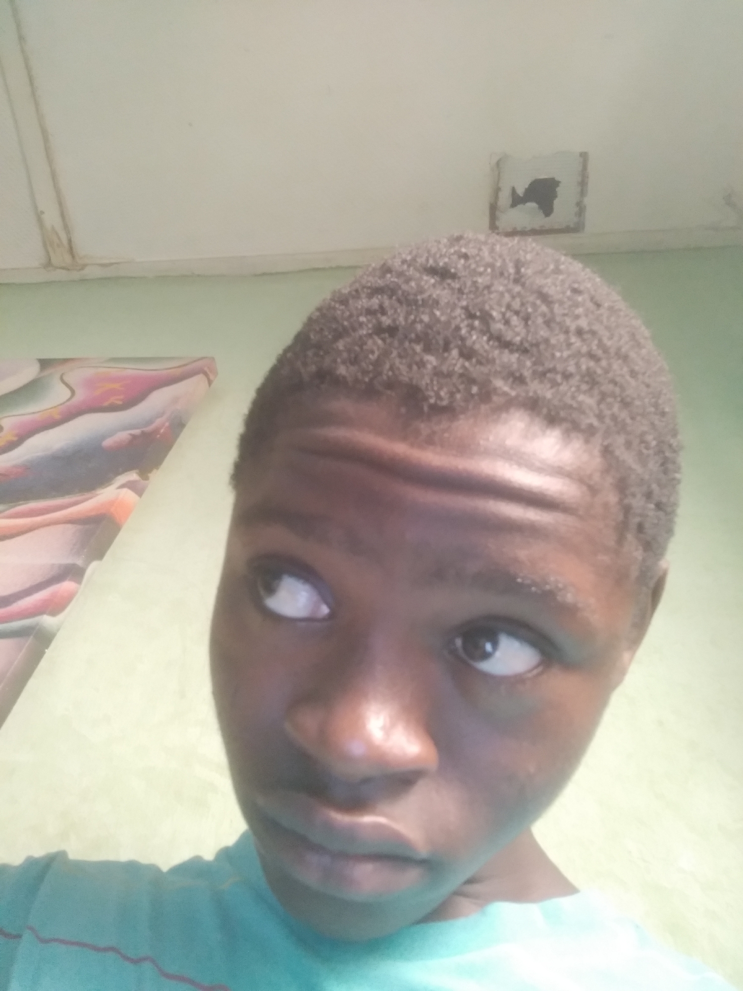 A close-up, slightly upward-angled photograph shows a young Black person with short, dark hair looking to their left. The individual has a smooth forehead, a noticeable brow bone, and dark eyes. Their skin appears slightly oily. The person is wearing a light blue-green T-shirt with a thin red stripe near the collar.
The background is a light green wall, with a framed abstract painting visible on the left side. The ceiling is white with what appears to be water damage or a discolored patch in the upper center. The photograph's location is Shangisha, Nigeria.