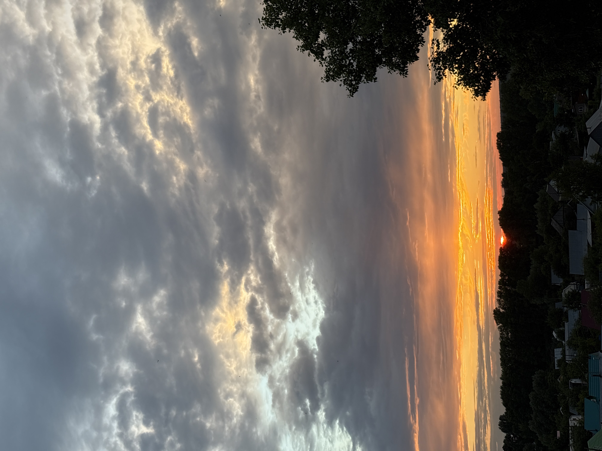 The image depicts a sunset over a rural or semi-rural area, likely on the outskirts of Chaikovsky, Russia. The sky is filled with dramatic clouds, ranging from dark gray to vibrant orange and yellow hues near the horizon, indicating the sun is setting or has just set. A sliver of the sun is visible peeking through the tree line on the right side of the frame. In the foreground, a dense line of dark green trees forms a silhouette against the bright sky, suggesting a wooded area or forest. Below the trees, a scattering of houses with various roof colors, including gray, red, and teal, are visible, hinting at a small village or dacha settlement. A large, leafy tree occupies the far right side of the image, partially obscuring the sunset and landscape. The overall impression is one of a tranquil, natural scene transitioning into evening.