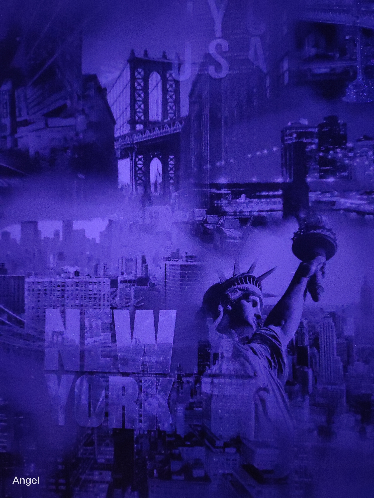 The image is a collage of New York City landmarks presented in a monochromatic purple hue. The Statue of Liberty is prominently featured in the foreground, holding her torch aloft. Behind her, a cityscape with various buildings and the Brooklyn Bridge are visible. The words "NEW YORK" are overlaid in large, translucent letters across the middle of the image. In the lower left corner, the word "Angel" is written. The overall impression is a stylized and artistic representation of New York City. The image does not depict Tula, Russia.