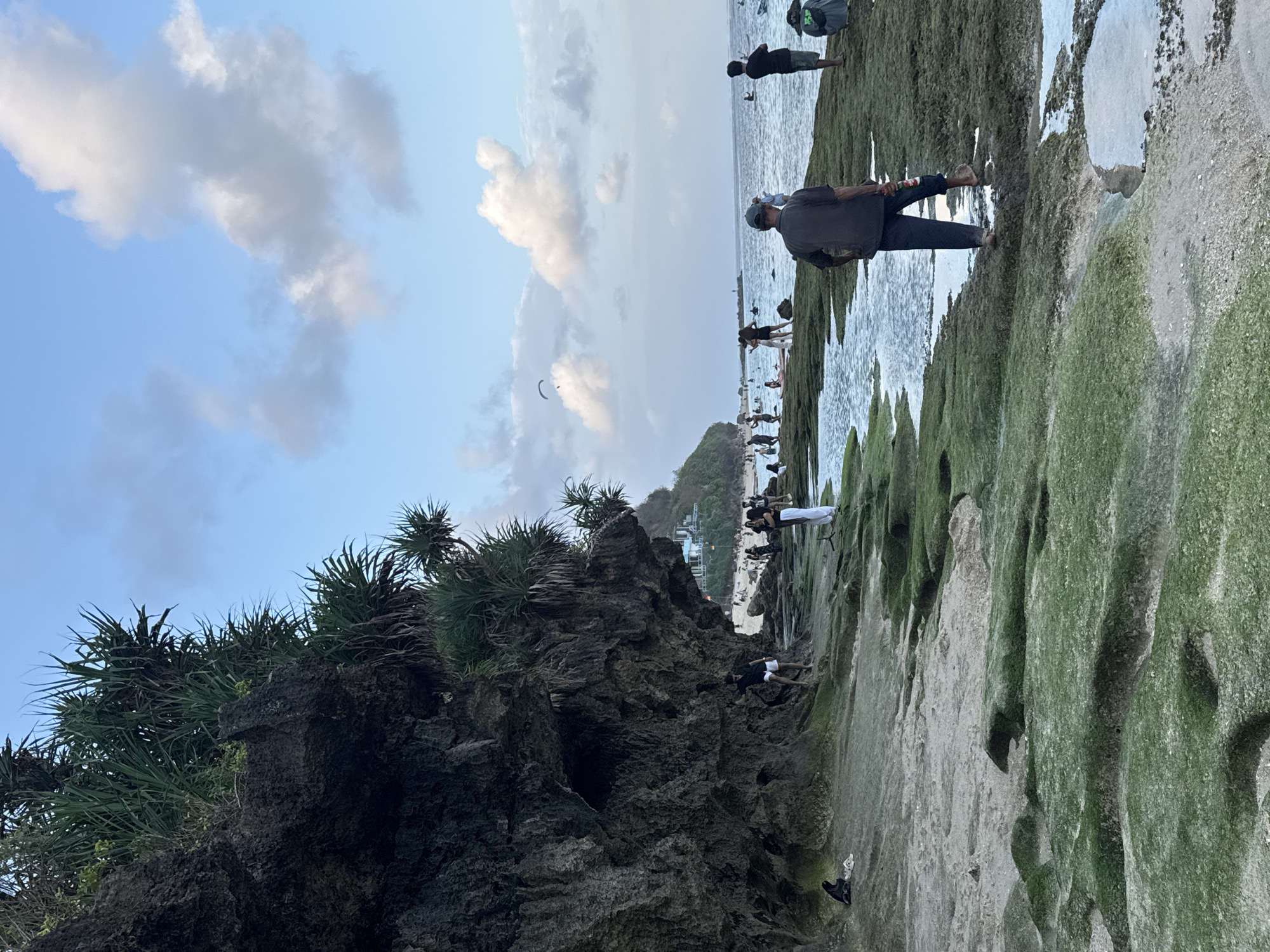 This is a wide shot of a beach in Kuta Selatan, Indonesia, featuring a rocky shoreline covered in green moss. In the foreground, the moss-covered rocks create a textured, uneven surface with pools of water. Several people are scattered throughout the scene. On the far left, a person sits on the sand near the base of a large, dark rock formation. This rock formation extends upwards and is covered with dense green vegetation.
Further down the beach, towards the center and right, more people are visible. Some are standing on the rocks near the water, while others are further back on the sandy beach, where buildings and more lush greenery can be seen on a hill in the distance. The ocean stretches out to the horizon under a sky with scattered white and grey clouds. A paraglider can be seen in the sky above the ocean. The lighting suggests it is late afternoon or early evening.