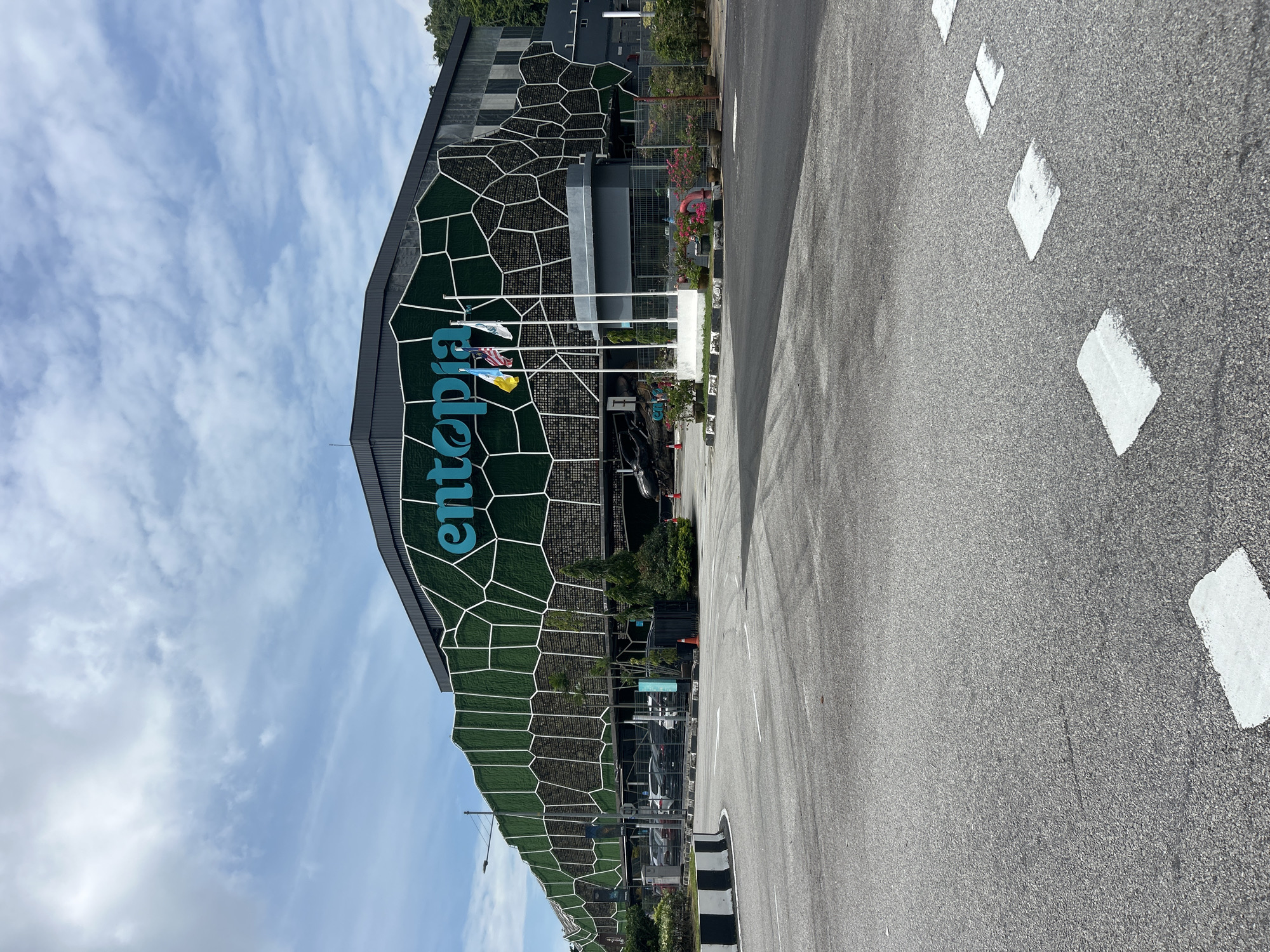 The image shows the exterior of the Entopia by CubiCa complex in George Town, Penang, Malaysia. The building features a distinctive facade with green netting and white polygonal patterns. A large blue "entopia" logo is visible on the upper part of the building. Three flags are flying in front of the building: a yellow and blue flag, a Malaysian flag, and a white flag. Several parked cars are visible in the background, under a covered parking area. The foreground shows a paved road with white markings, indicating a parking lot or roadway. The sky is cloudy. The overall environment appears to be an outdoor public space in a commercial or tourist area.