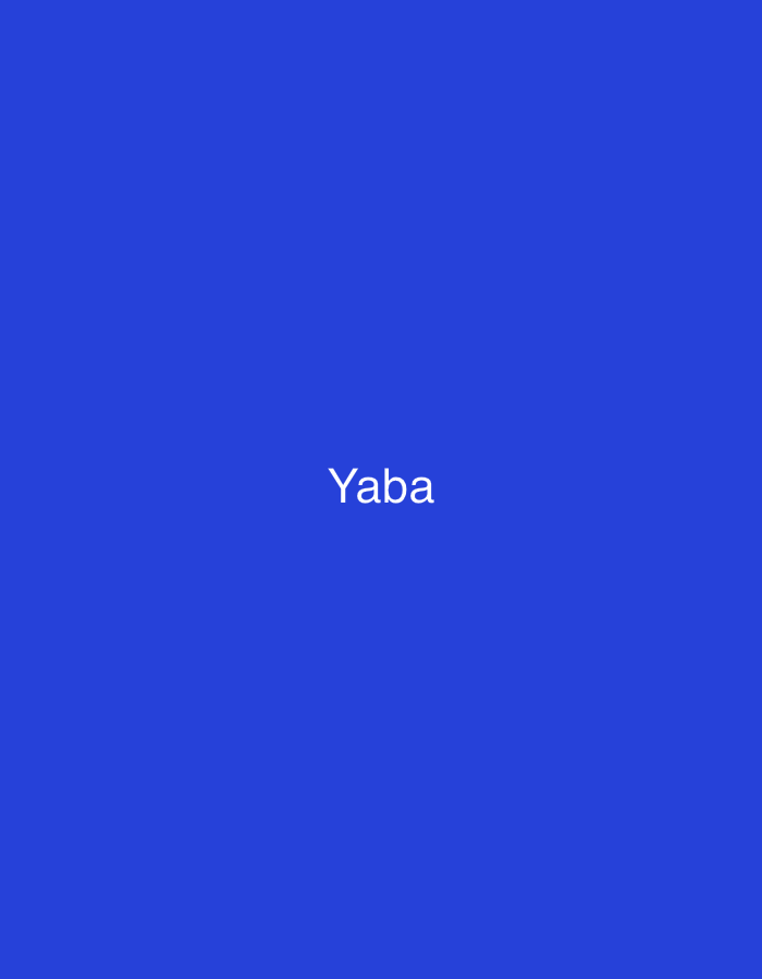 The image displays a solid, uniform royal blue background. Centered on this background is the word "Yaba" rendered in white, sans-serif lettering. The text is horizontally centered and positioned slightly below the vertical midline of the frame. There are no other discernible subjects, objects, people, actions, interactions, or environmental elements present within the frame. The image itself contains no visual cues or information that would indicate a specific geographic location, such as the city of Casablanca, Morocco.