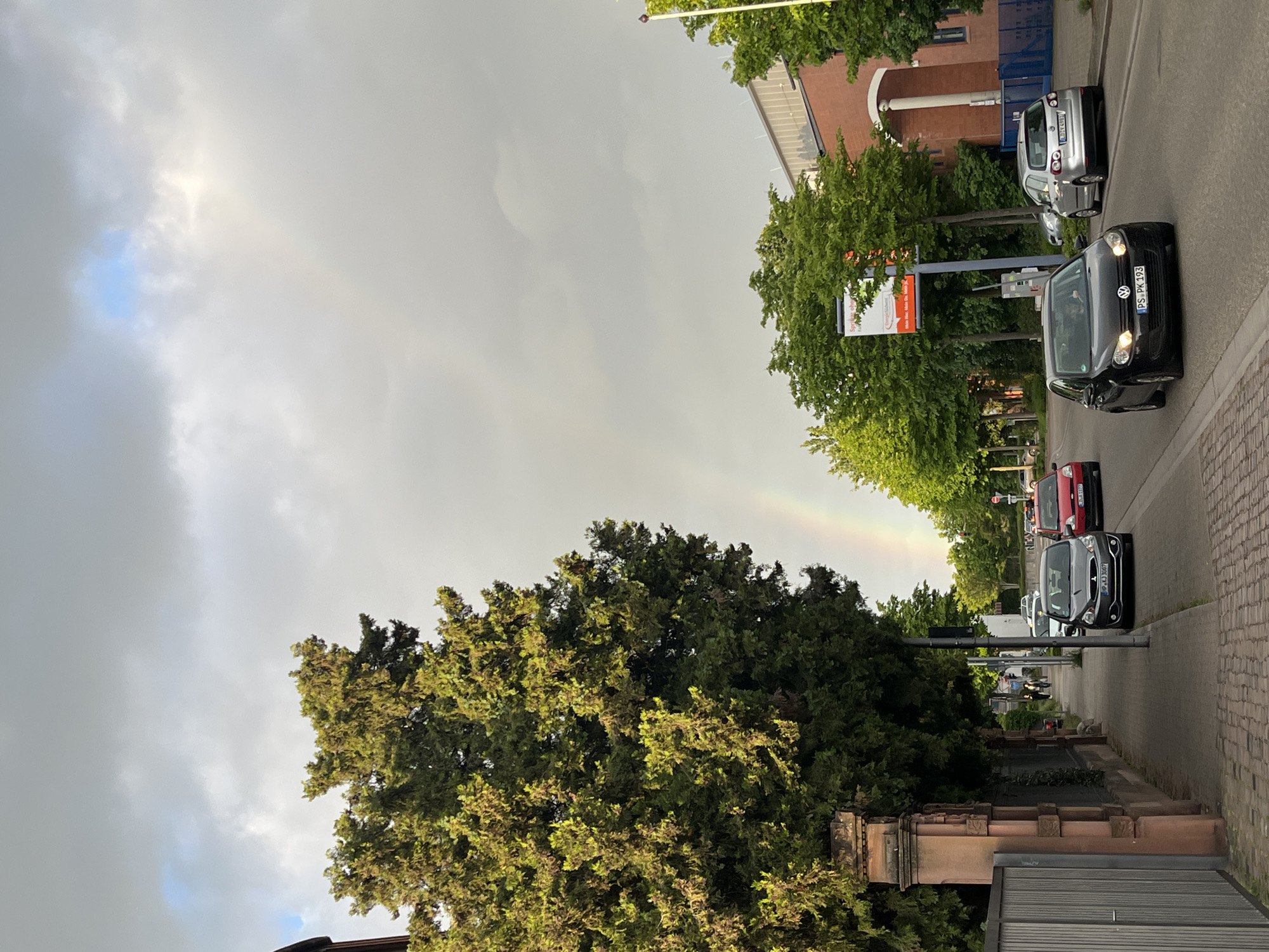 The image shows a street scene in Landau in der Pfalz, Germany. The street is lined with trees. A rainbow is visible in the sky. Several cars are parked along the right side of the street. Buildings are visible in the background. A large tree is prominent in the foreground. The sky is overcast.