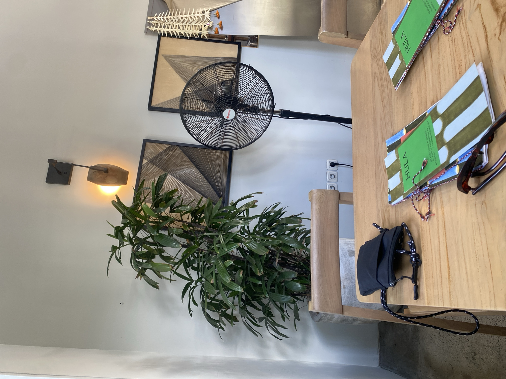 This is a medium shot, eye-level, indoor photograph taken in a well-lit cafe in Mengwi, Indonesia. The focus is on a wooden table with two menus and a black pouch with a braided cord. In the background, there's a large potted plant with lush green leaves, a black oscillating fan on a stand, and abstract wall art. The overall ambiance suggests a relaxed and contemporary setting.