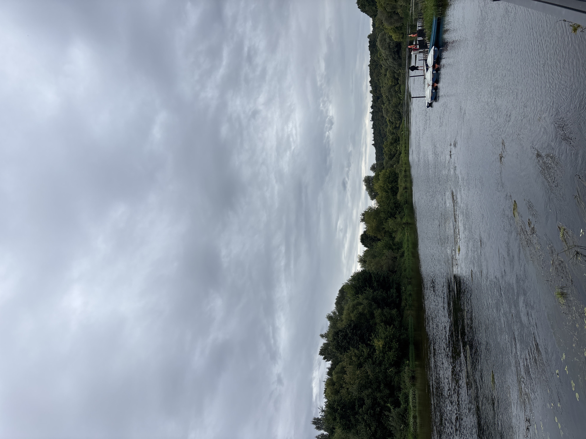 This image depicts a natural outdoor scene with a body of water, likely a river, in Zvenigorod, Russia. The sky is overcast with gray clouds. Dense green trees line the far bank of the river, forming a wooded landscape. On the right side of the river, a small dock or pier extends into the water. Several small boats are tied to the dock, with some featuring numbers on their sides. One person stands on the dock, near the boats, wearing dark clothing. The water is calm with some visible aquatic vegetation. The overall atmosphere is muted and natural.