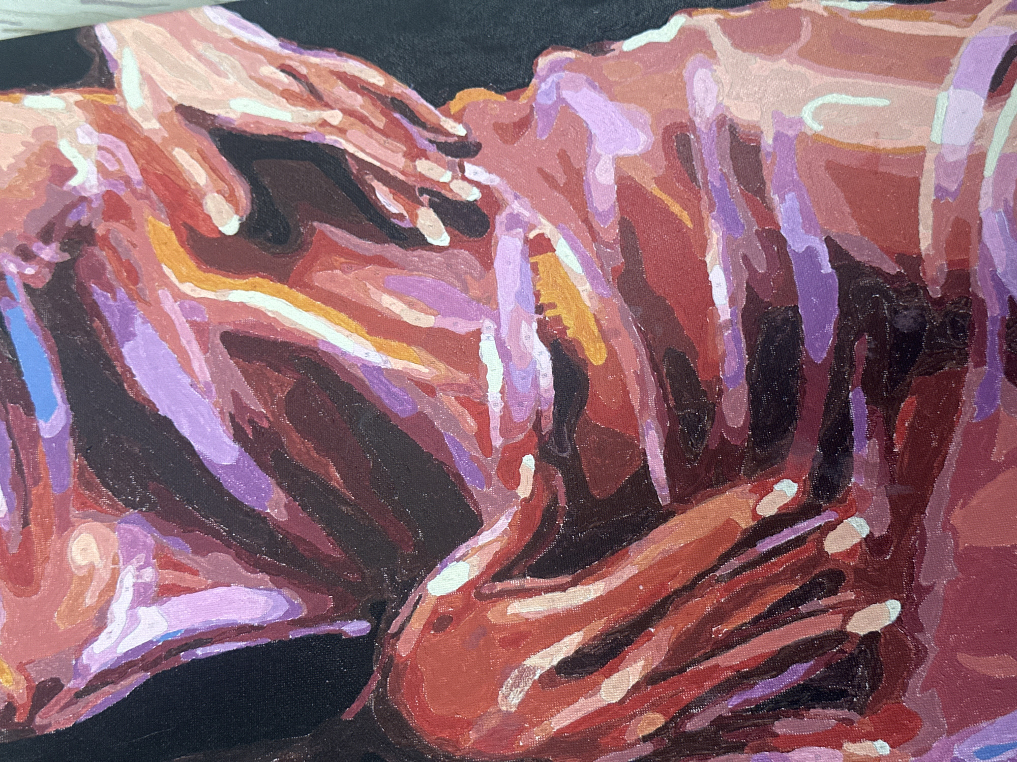 The image is a close-up of a painting depicting human figures. The figures are rendered in shades of red, pink, purple, brown, and black, with white highlights. The subjects' limbs and hands are intertwined and slightly obscured. The background is dark, possibly black, and provides contrast to the figures. The painting appears to be on canvas, and the brushstrokes are visible. There is no information about the location of the scene, including Высокий, Russia.