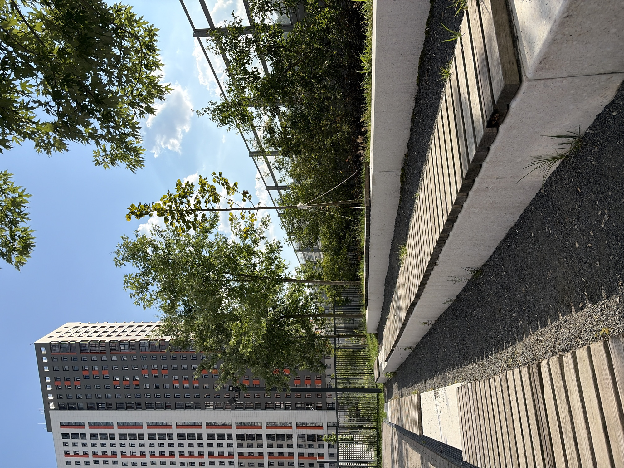 The image shows an outdoor seating area in the city of Kotelniki, Russia. In the background, a tall, modern residential building with a grey and white facade and orange accents stands against a clear blue sky with some scattered clouds. In the foreground, there are tiered seating structures made of concrete with wooden planks for seats. A gravel path runs between the seating areas. Several trees and bushes are planted around the seating area, with a metal fence running behind them. The lighting suggests it is daytime, likely mid-morning or afternoon, with the sun casting shadows. There are no people visible in the image. The scene depicts a contemporary urban public space, possibly a park or a courtyard of a residential complex.