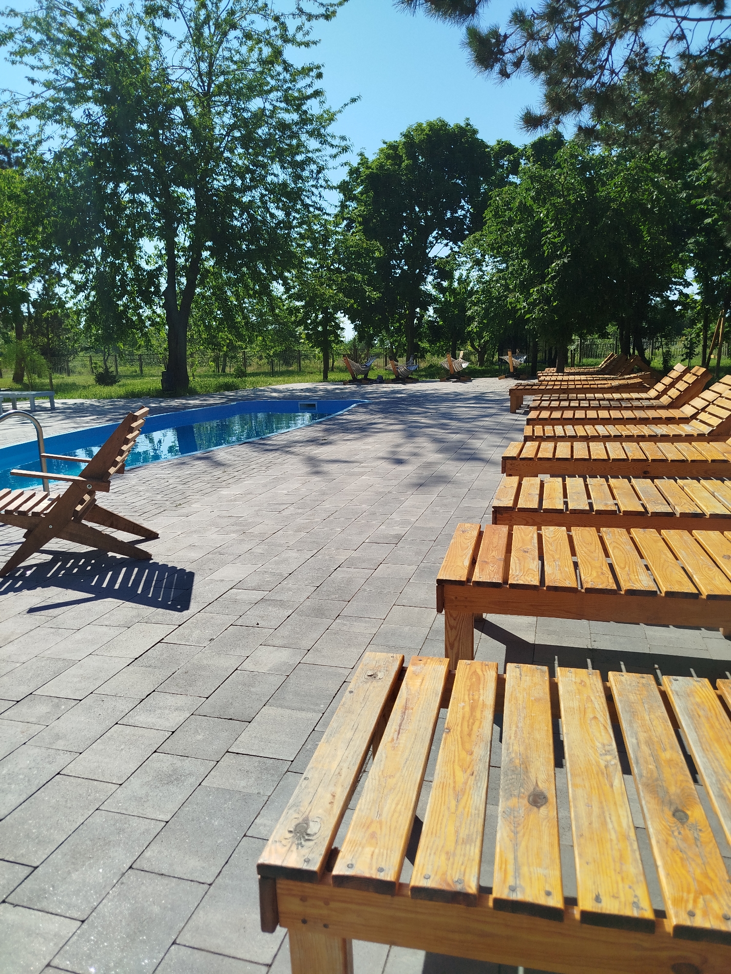 A sun-drenched outdoor scene features a swimming pool and a paved area with rows of wooden lounge chairs. The pool, filled with bright blue water, is bordered by a gray paver patio. To the right, several wooden lounge chairs are arranged in parallel lines, facing away from the camera. A single wooden lounge chair is positioned on the patio near the pool. Trees with lush green foliage form a backdrop, and a clear blue sky is visible above. The scene appears to be a resort or recreational area.