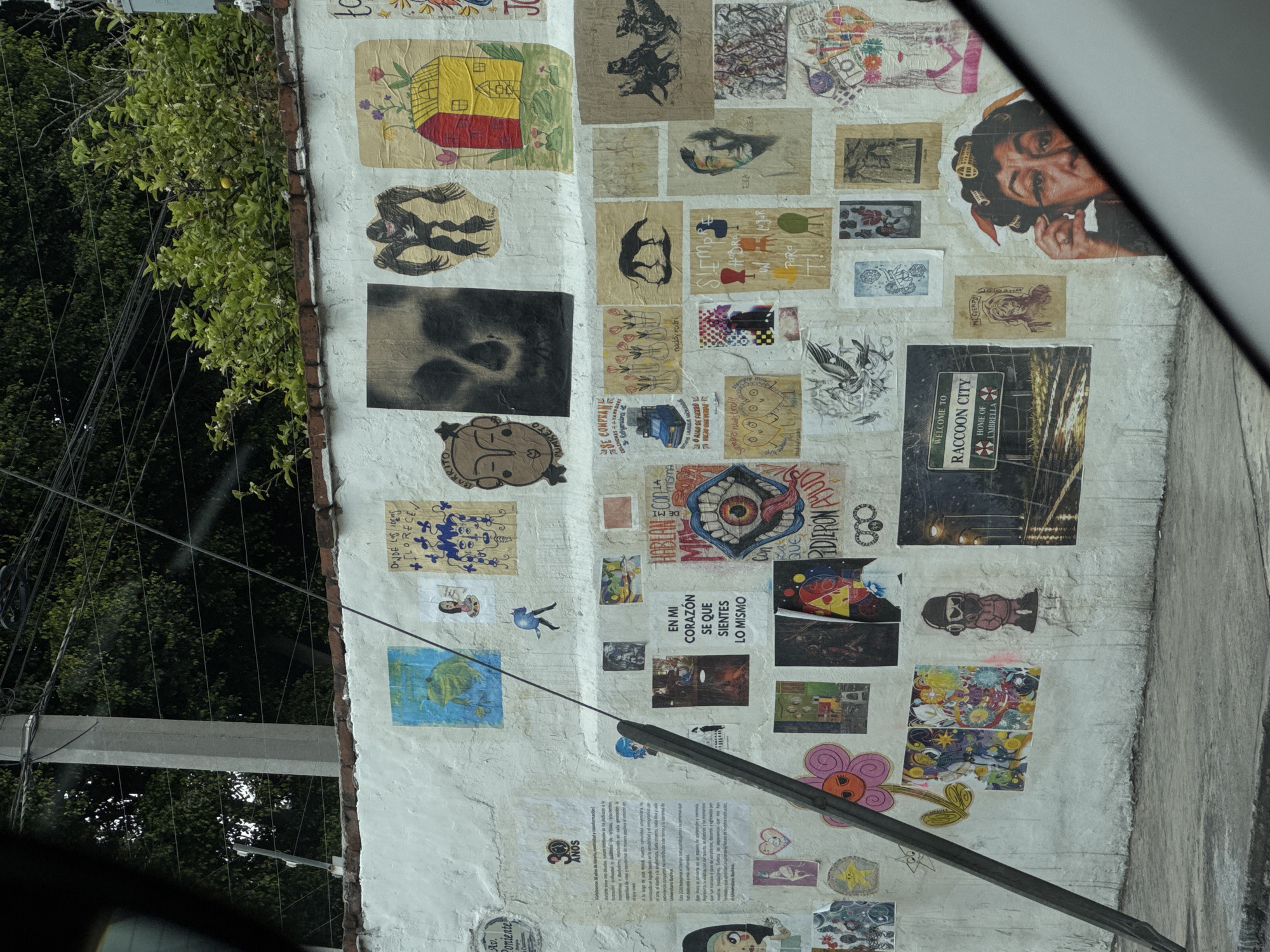 The image shows a white wall in Puebla, Mexico, covered in various posters and stickers. The posters depict a range of subjects, including a house, faces, animals, abstract designs, and a "Welcome to Raccoon City" sign from the Resident Evil franchise. Some posters have text in Spanish. Vegetation and power lines are visible on the left side of the wall. A gray pole diagonally crosses the bottom of the image. A street is partially visible on the right side.